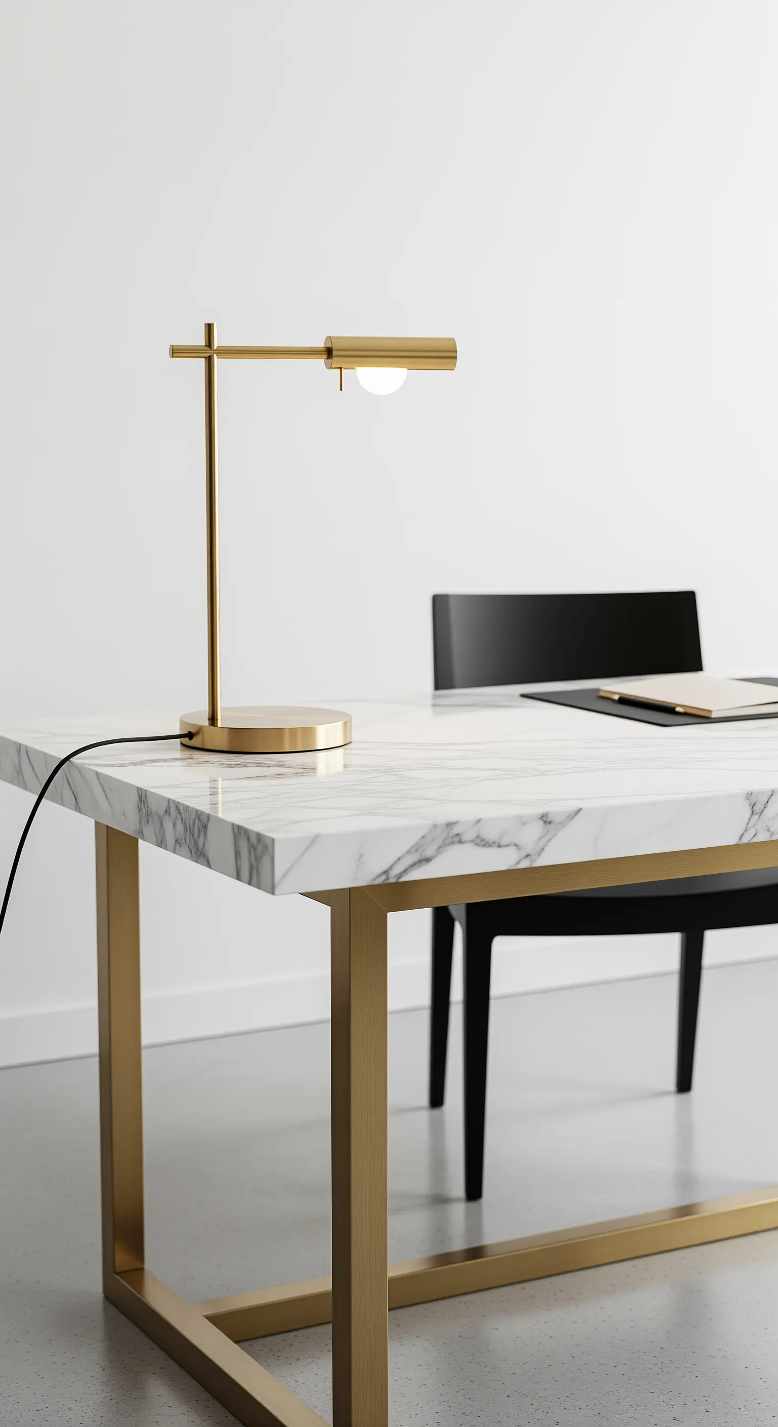Detailaufnahme einer eleganten Messing-Tischlampe auf einem Schreibtisch aus weißem Marmor.