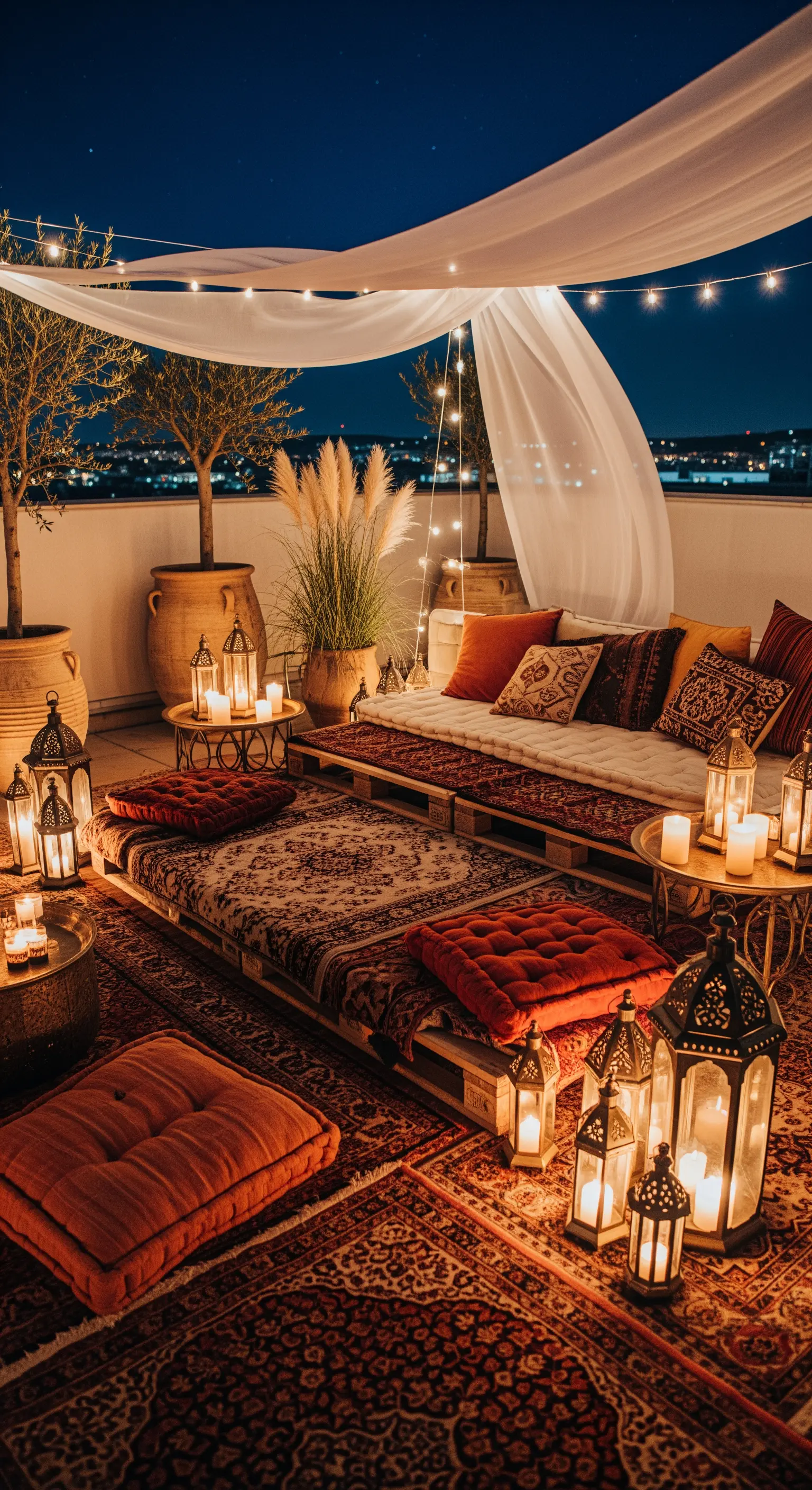 Orientalisch inspirierter Boho-Balkon mit Palettenlounge und Laternen