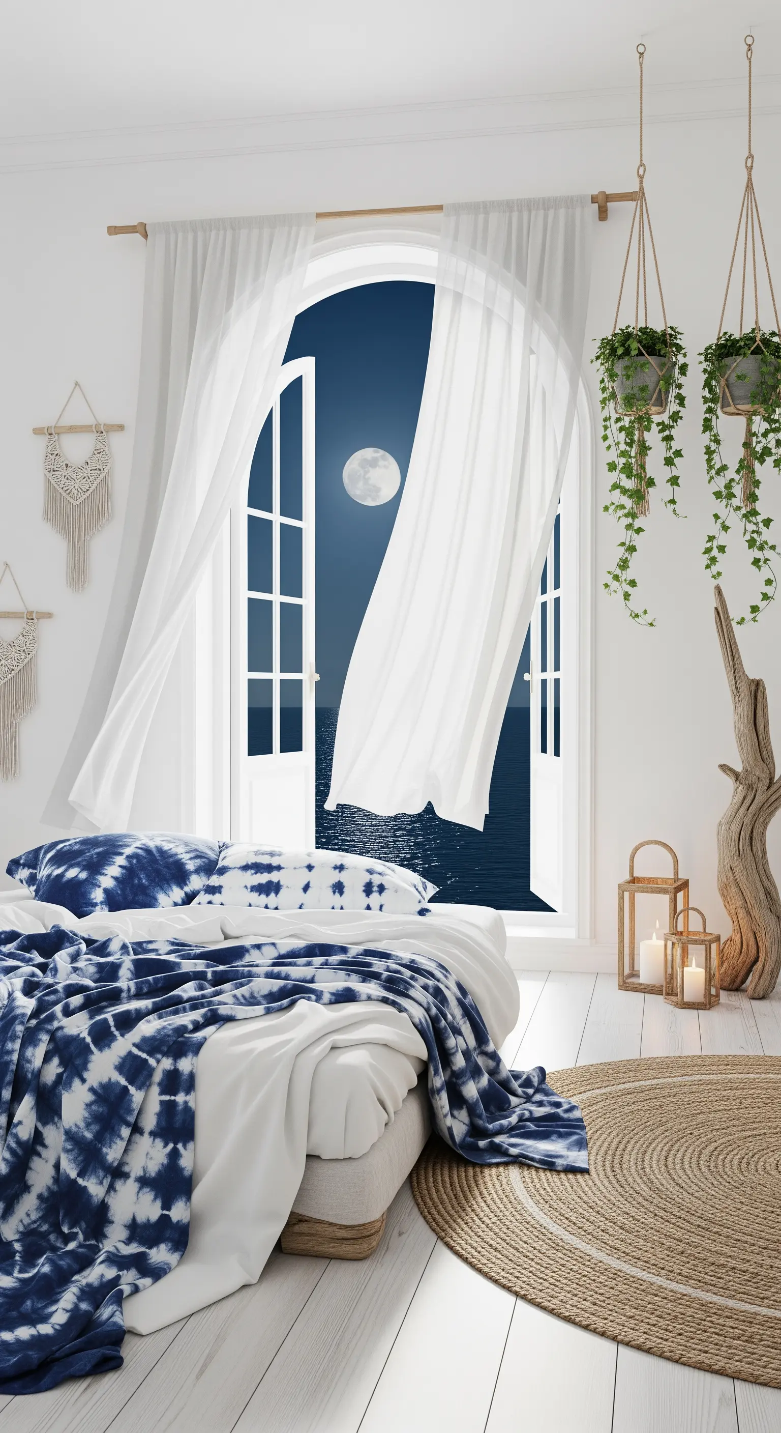 Weißes Boho-Schlafzimmer mit indigoblauer Batik-Decke und Hängepflanzen am Fenster.