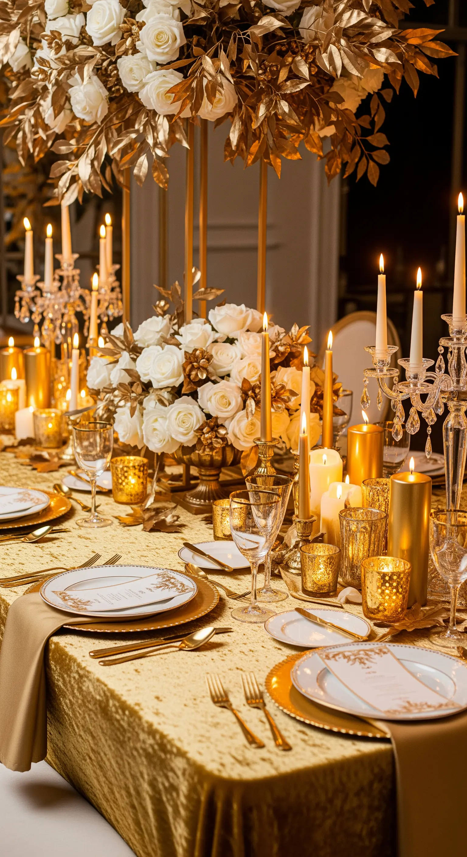 Opulente Tischdeko komplett in Gold mit weißen Rosen und goldenen Kerzen.