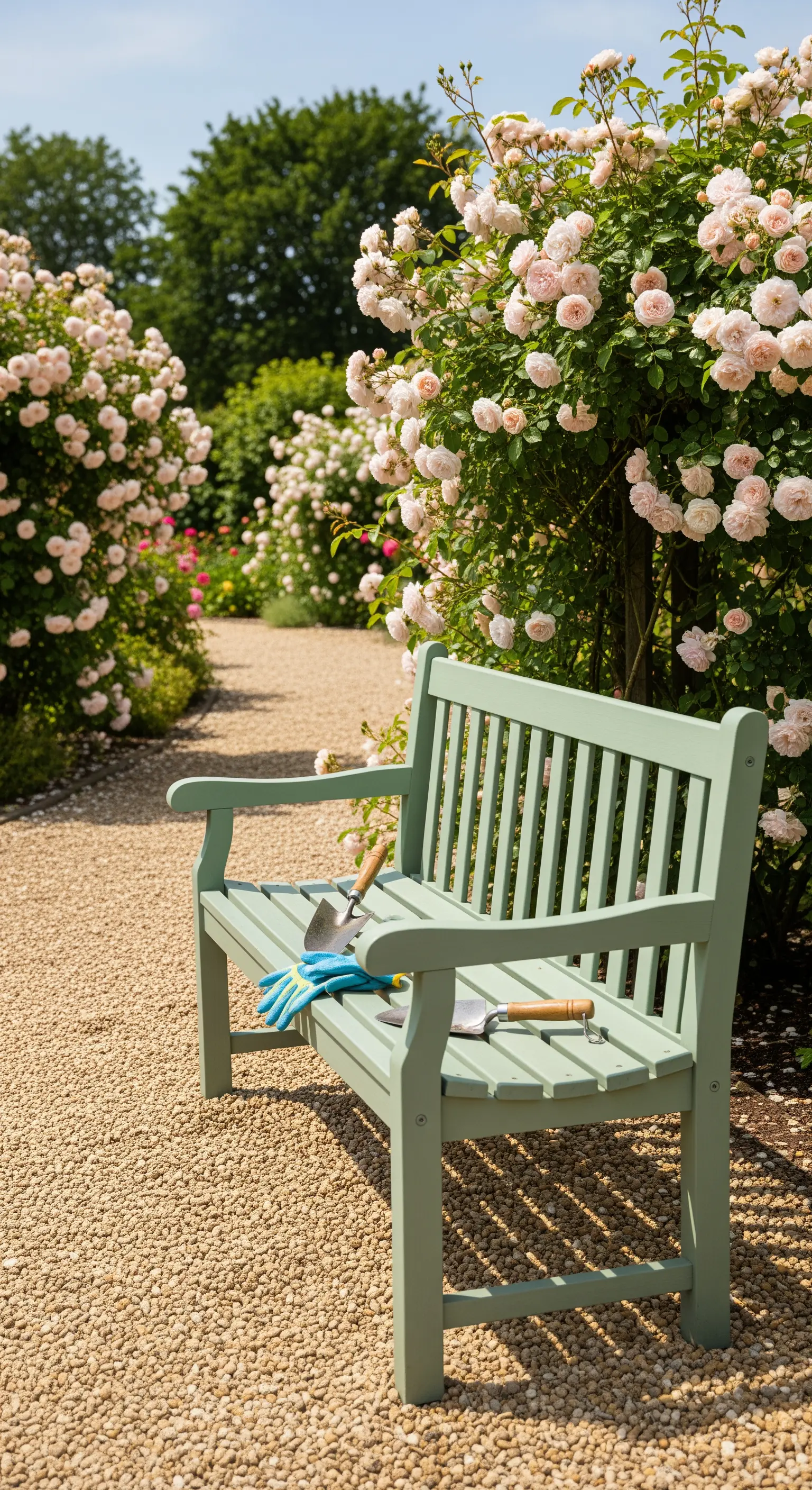 Hellgrün gestrichene Holzbank auf einem Kiesweg, umgeben von hellrosa blühenden Rosensträuchern.