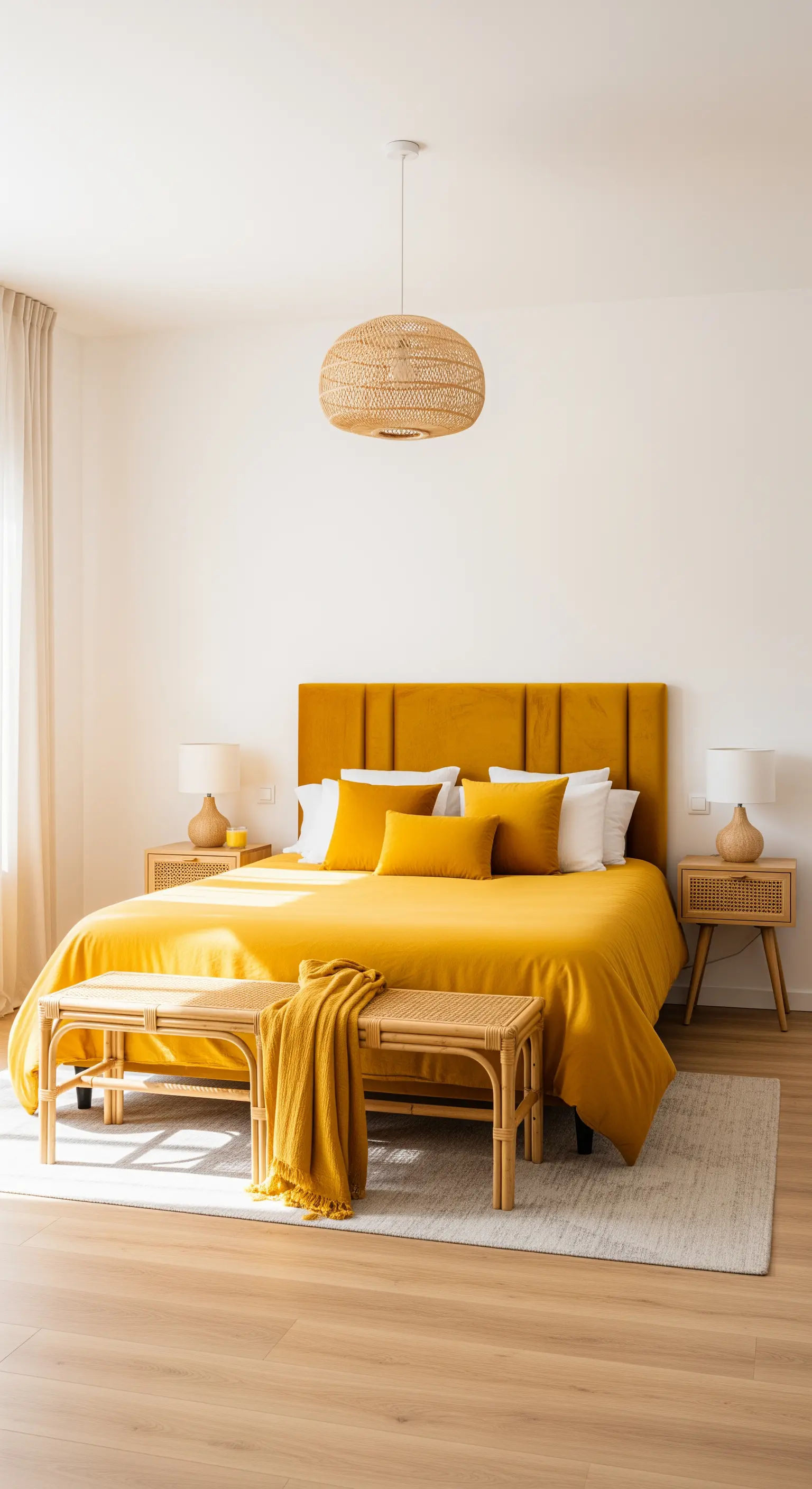 Helles, sonniges Schlafzimmer mit einem senfgelben Bett und Möbeln aus Rattan