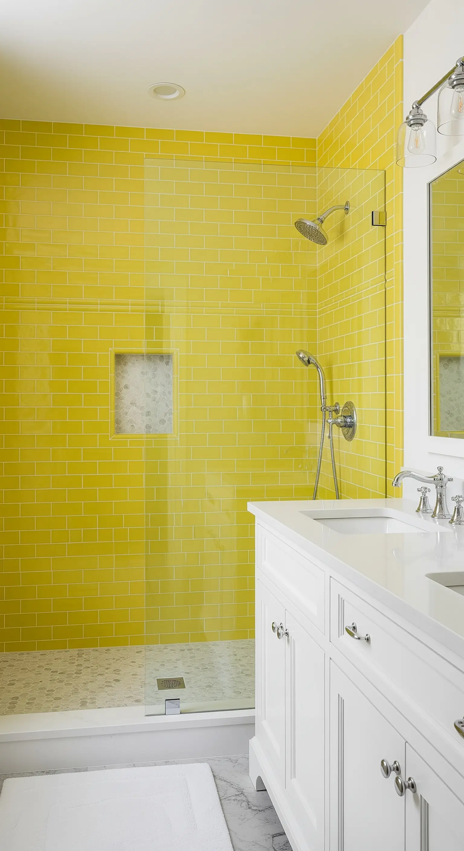 Duschbereich mit leuchtend gelben Metrofliesen für einen fröhlichen Farbakzent.