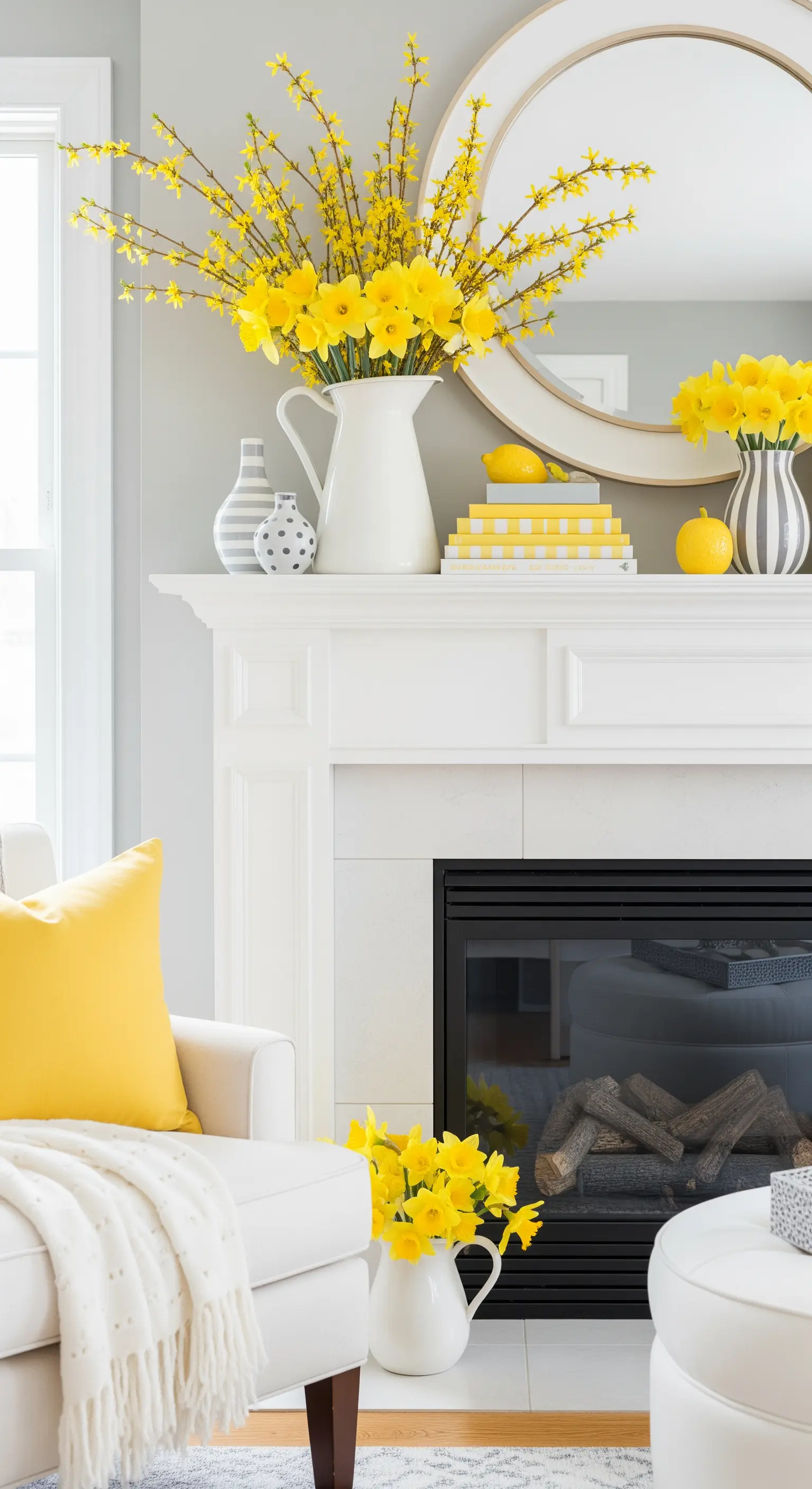 Frühlingshafter Kamin mit gelben Narzissen und Forsythienzweigen.