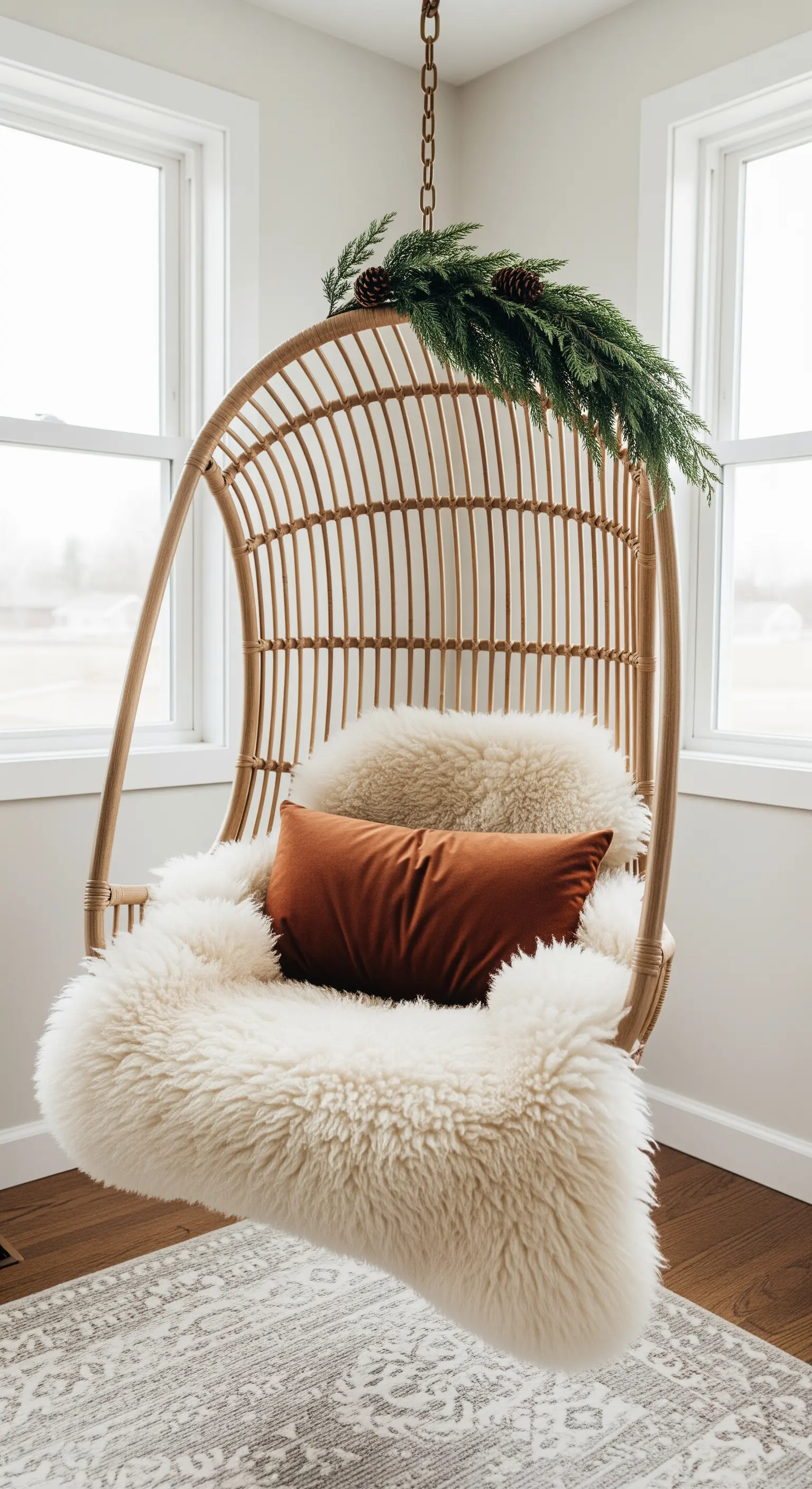 Rattan-Hängesessel mit Lammfell, Samtkissen und Kiefernzweigen