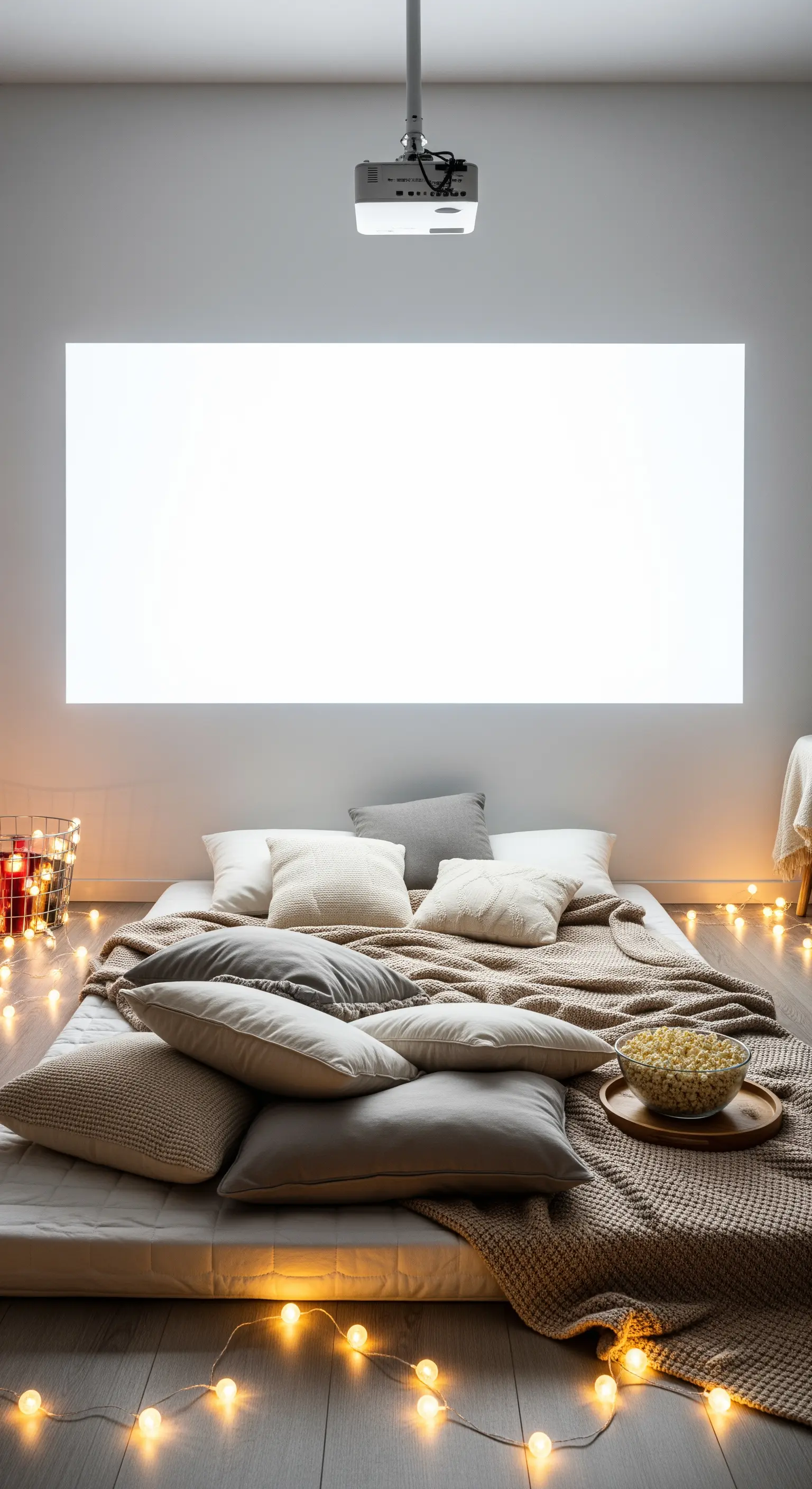 Gemütliche Heimkino-Szene mit einem Projektor, einer Bodenmatratze voller Kissen und Lichterketten.