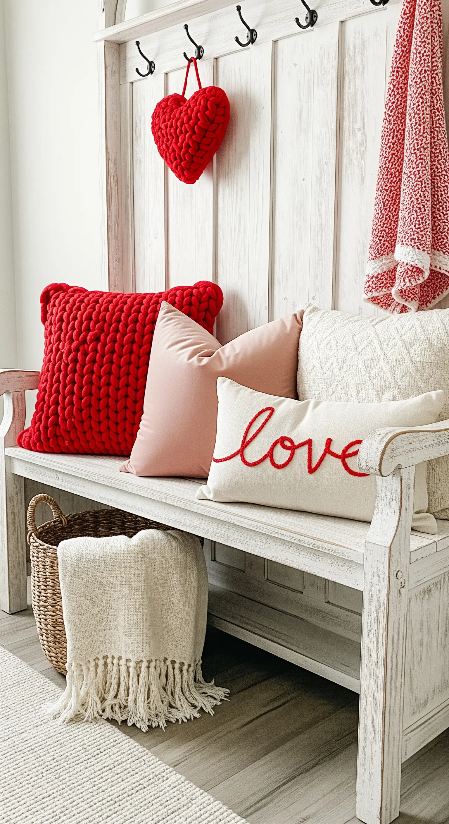 Weiße Flurbank mit Kissen in Rot- und Rosatönen und unterschiedlichen Texturen.