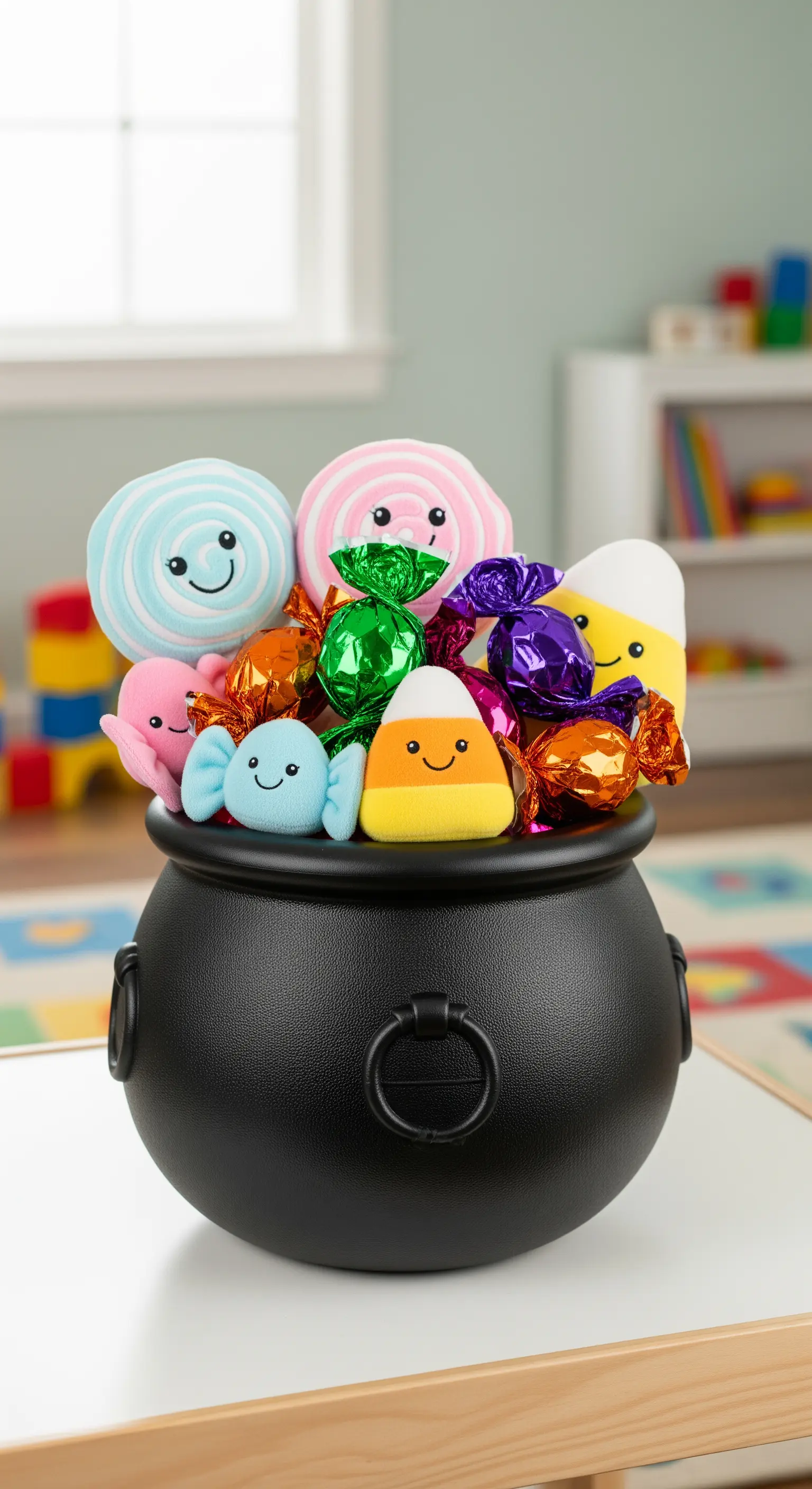 Ein schwarzer Hexenkessel, der mit einer Vielzahl von bunten, lächelnden Plüsch-Süßigkeiten gefüllt ist.