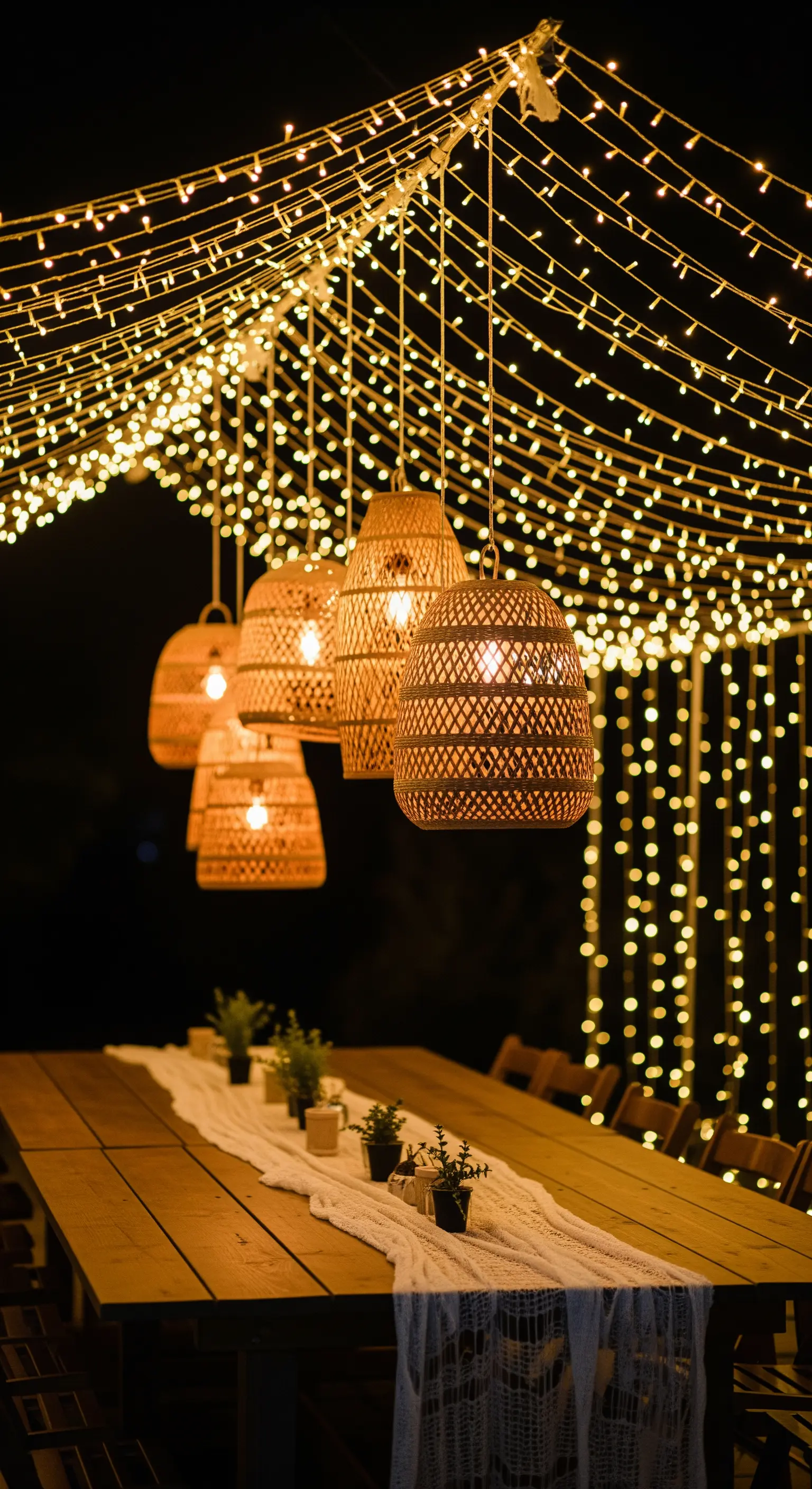 Langer Holztisch unter einem Dach aus Lichterketten und hängenden Rattanlampen.