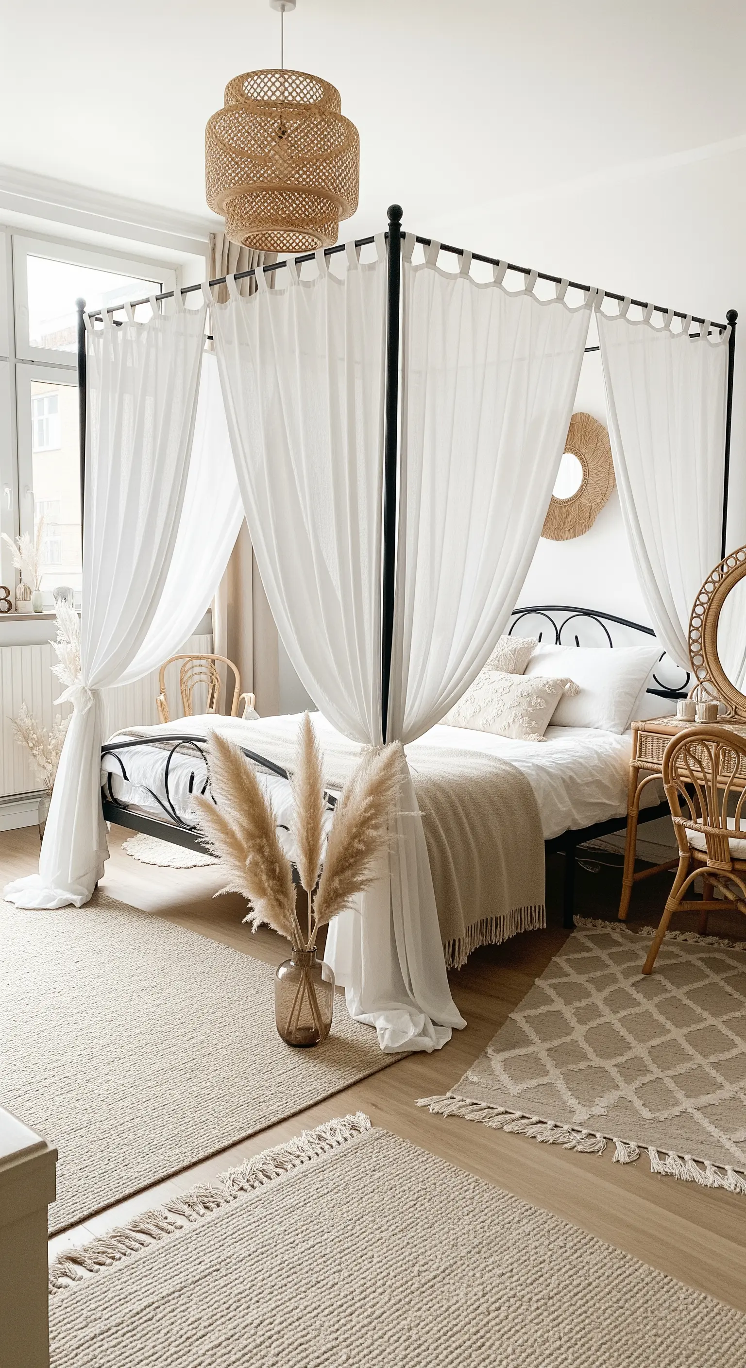 Schwarzes Himmelbett mit weißen, leichten Vorhängen in einem hellen Boho-Schlafzimmer.