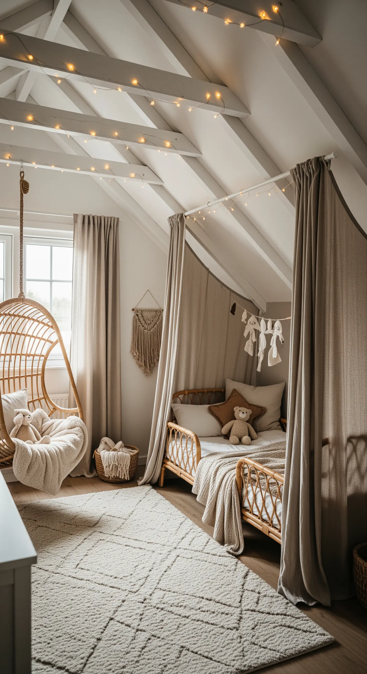 Gemütliches Kinderzimmer mit Himmelbett, Lichterketten und einem Rattan-Hängesessel.