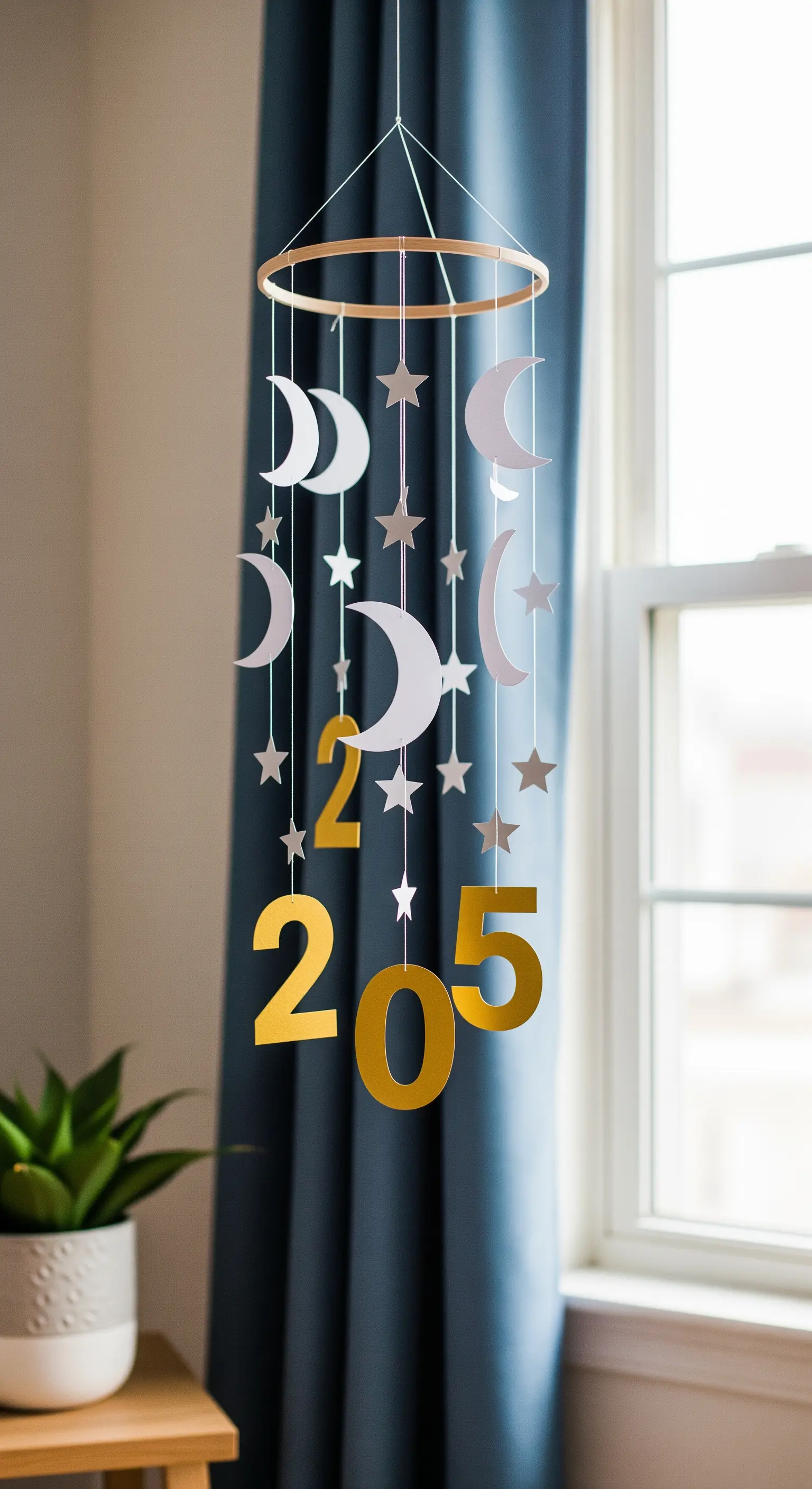 Zartes Neujahrs-Mobile mit Monden, Sternen und der Jahreszahl aus Papier.