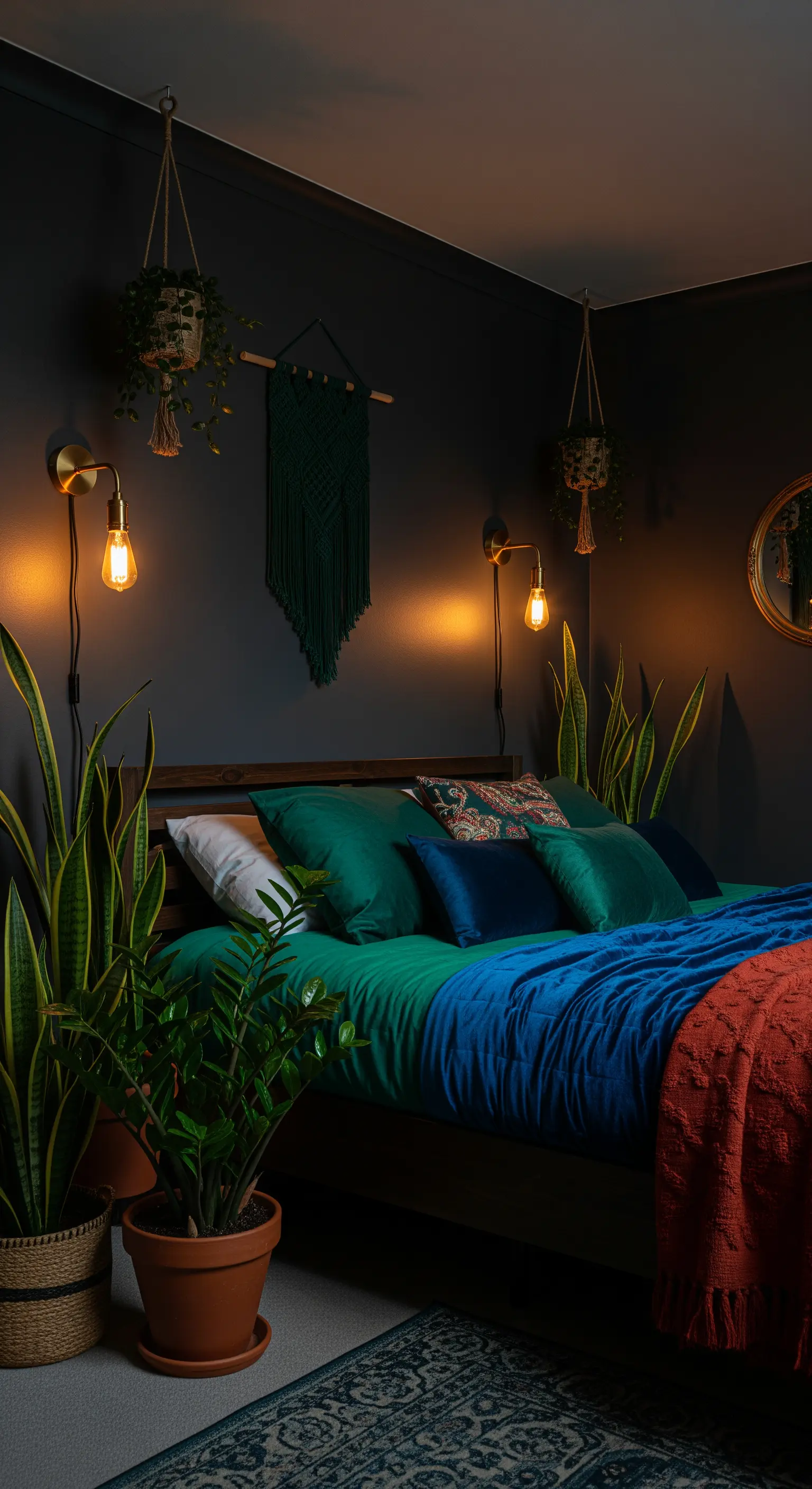 Dunkles, gemütliches Schlafzimmer mit grüner Bettwäsche, warmen Wandlampen und vielen Pflanzen.