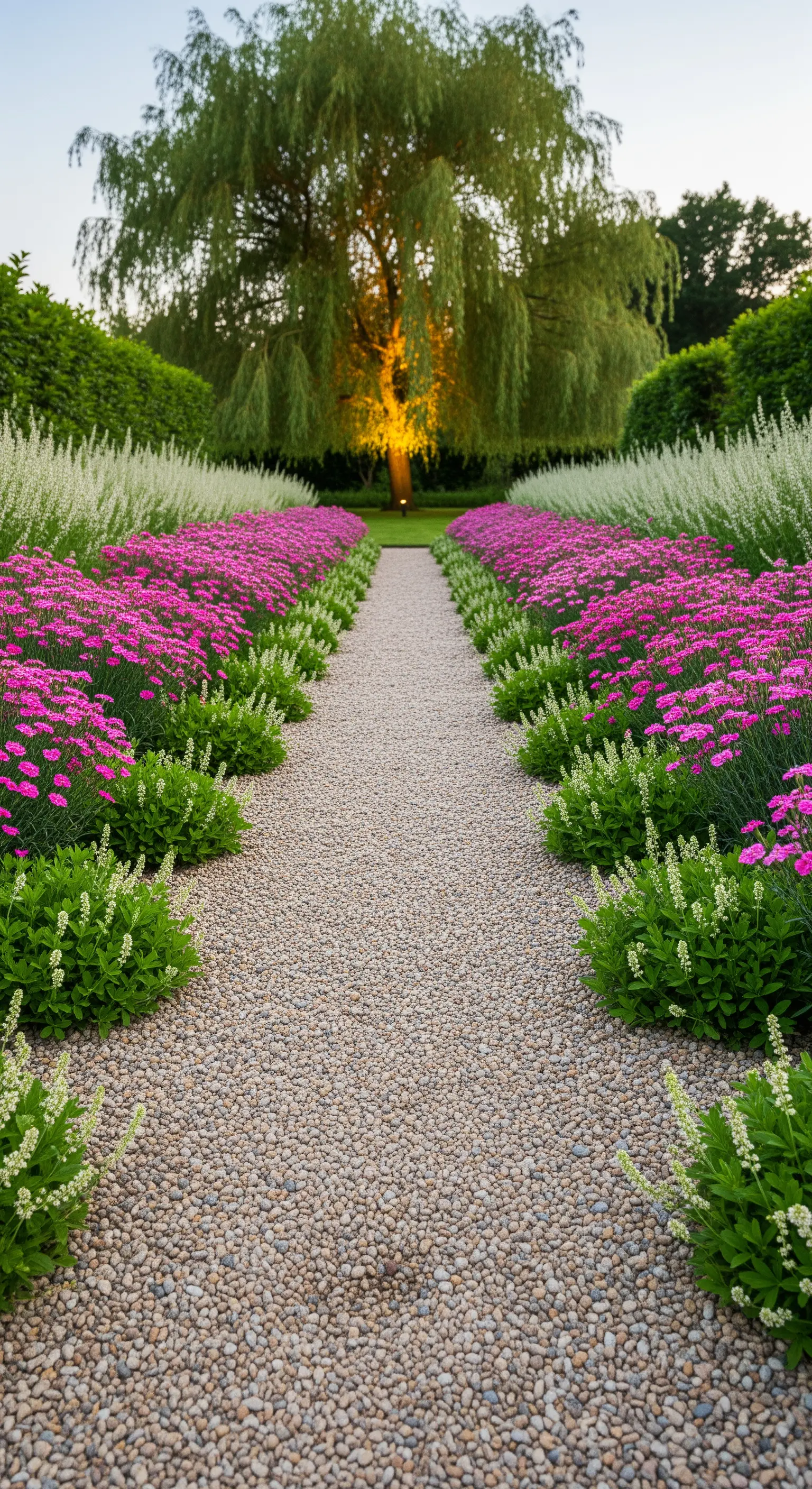 Ein langer Kiesweg, gesäumt von dichten Beeten mit rosa Schafgarbe und weißen Stauden.