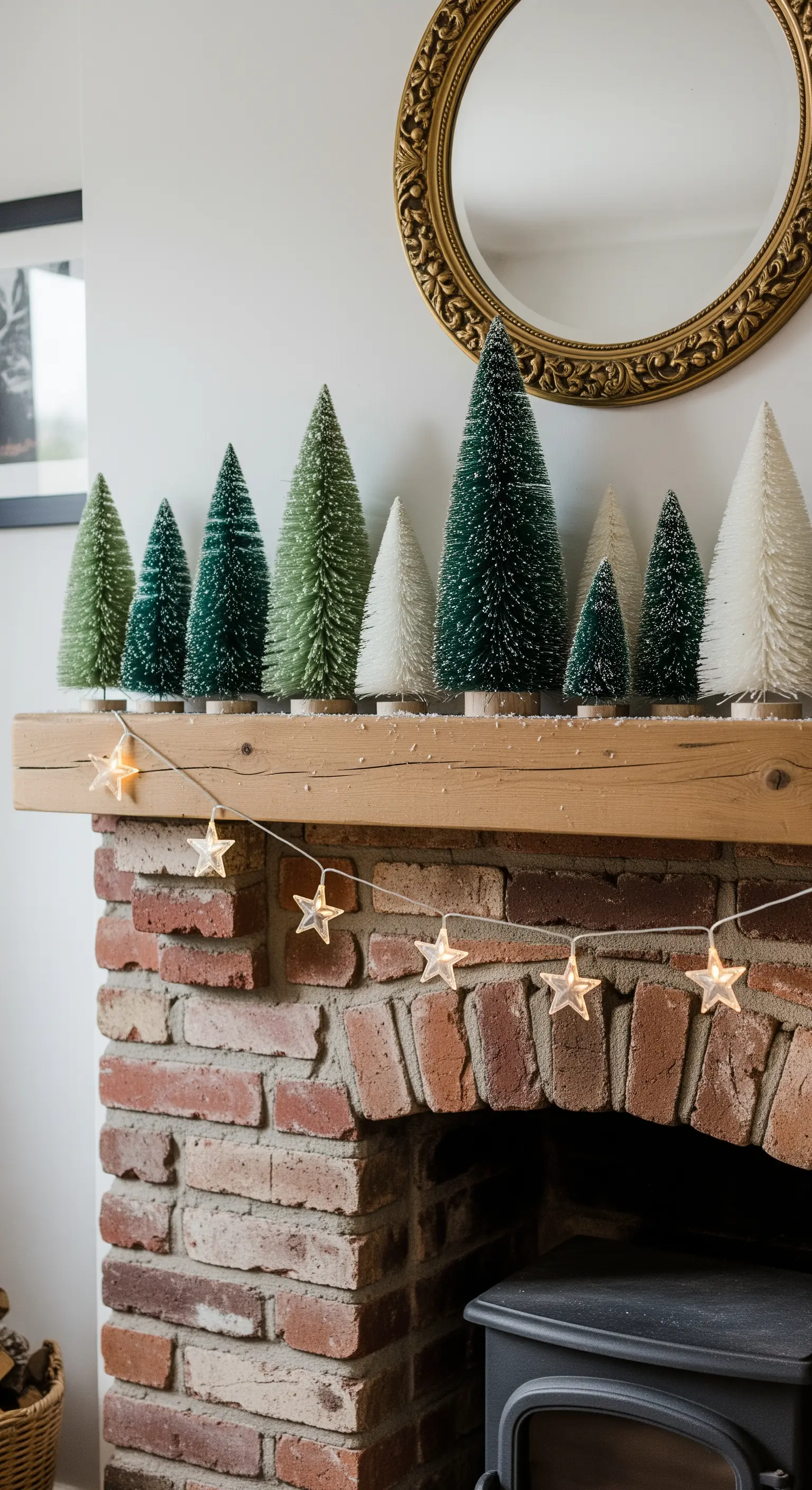 Sammlung von Flaschenbürsten-Bäumen auf einem rustikalen Backsteinkamin.