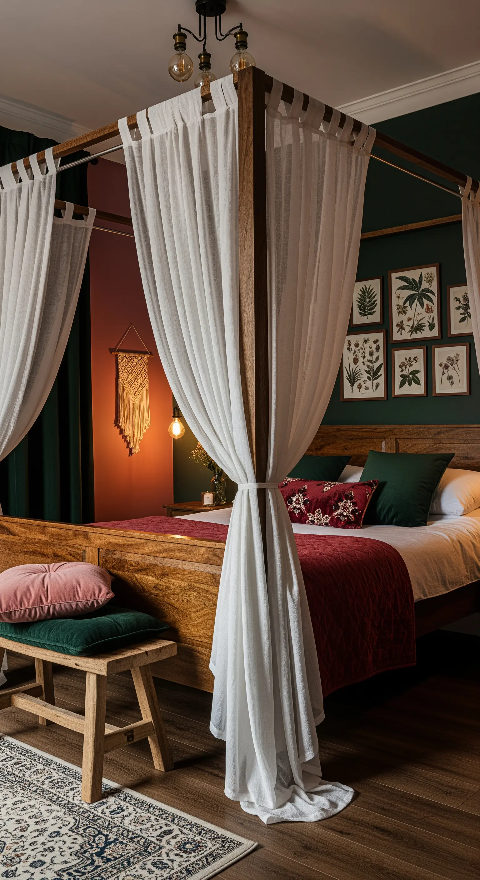 Himmelbett aus Holz mit weißen Vorhängen und Dekokissen in Grün- und Rottönen.