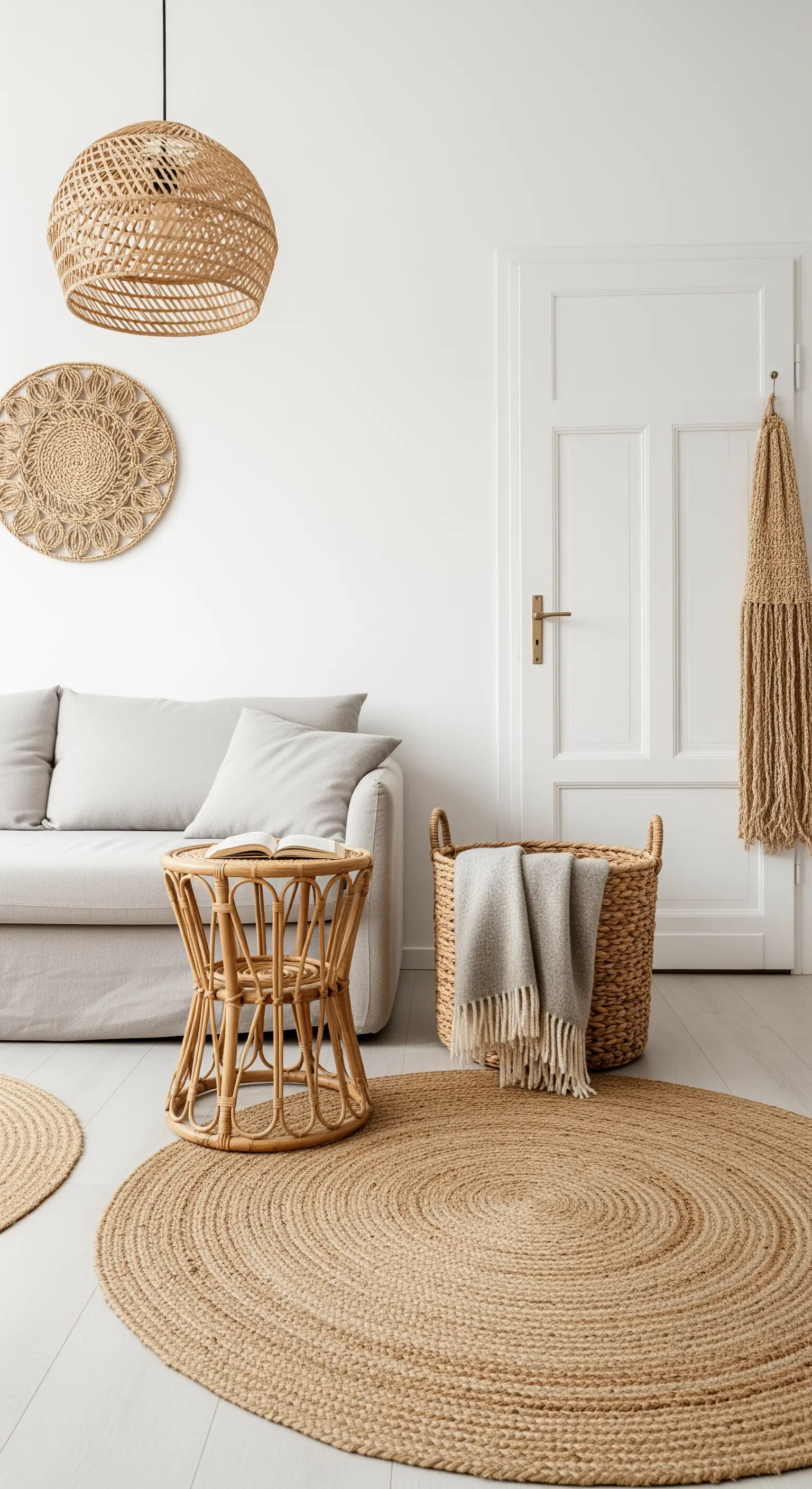 Wohnzimmer mit Jute-Teppich, Rattan-Tisch und gewebten Deko-Elementen.