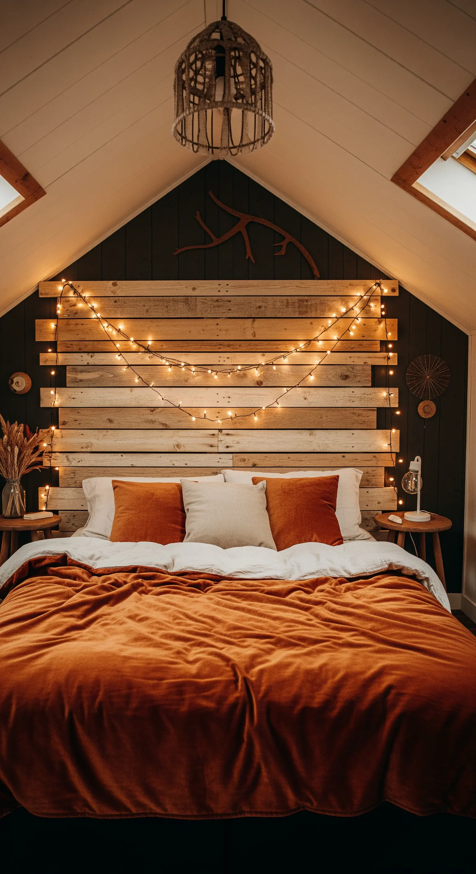 Ein DIY-Kopfteil aus Holzplanken in einem Dachzimmer, dekoriert mit einer Lichterkette.