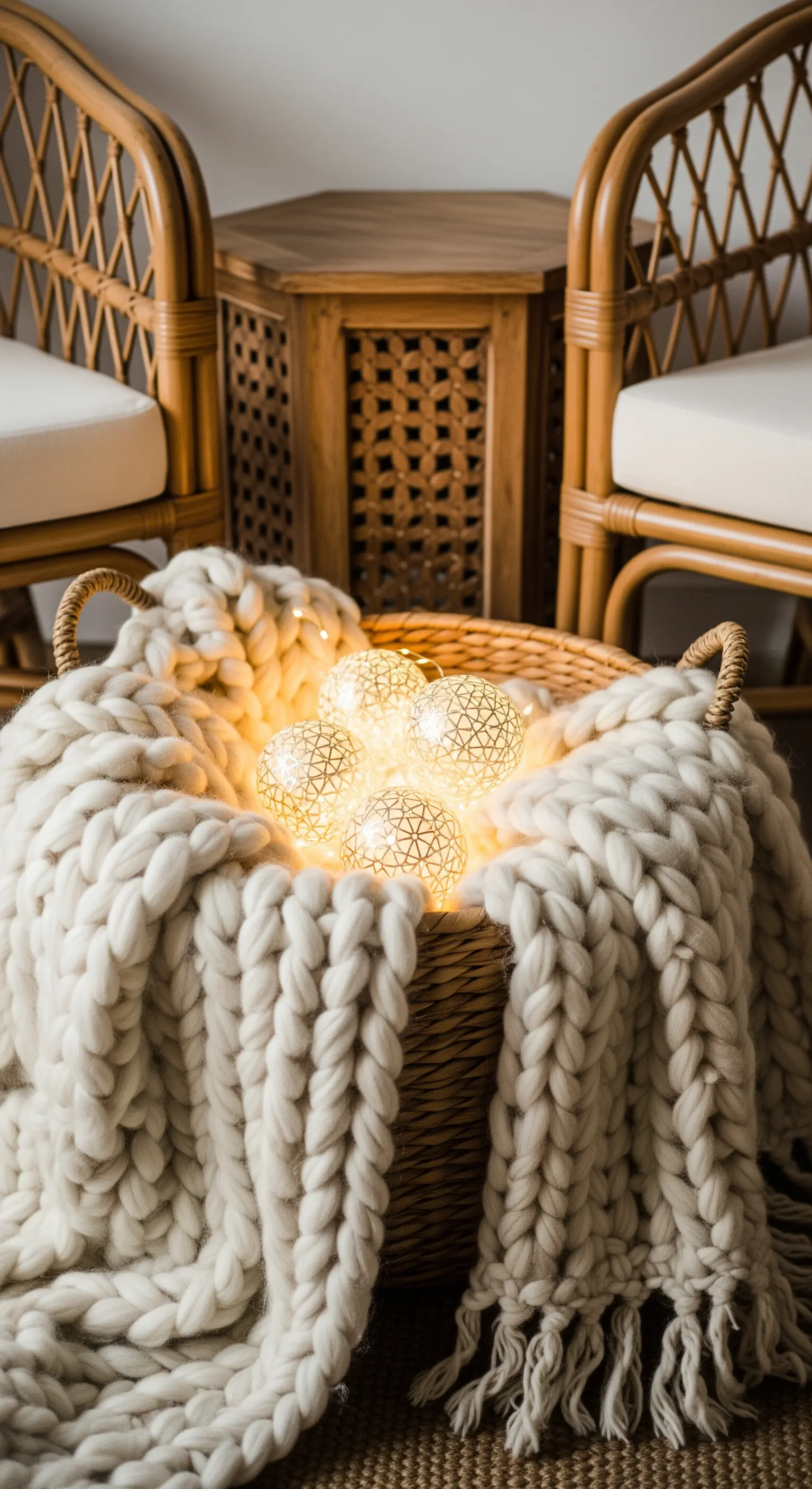 Eine Lichterkette mit verzierten Kugeln leuchtet in einem Weidenkorb, umgeben von einer dicken Strickdecke.