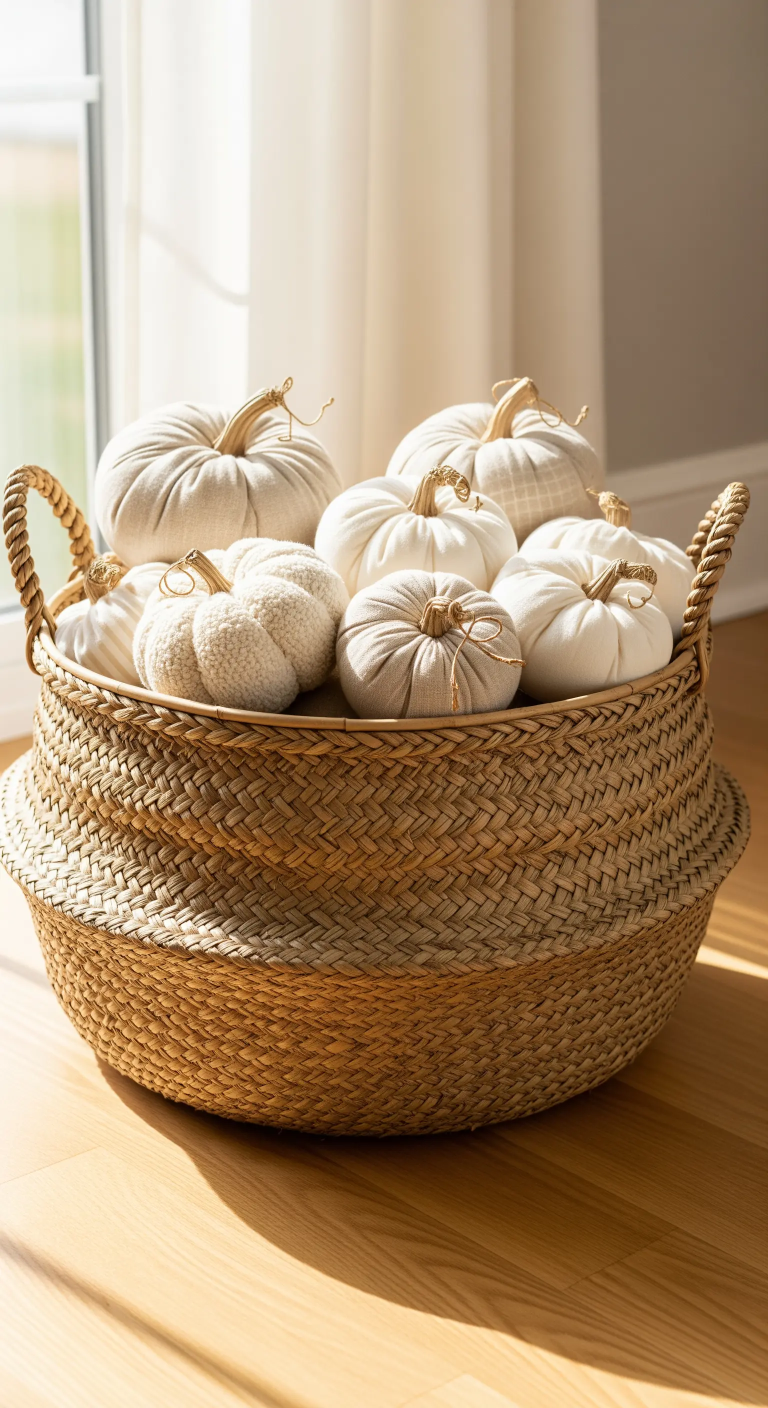 Seegraskorb gefüllt mit einer Vielzahl von Stoffkürbissen in verschiedenen Cremetönen.