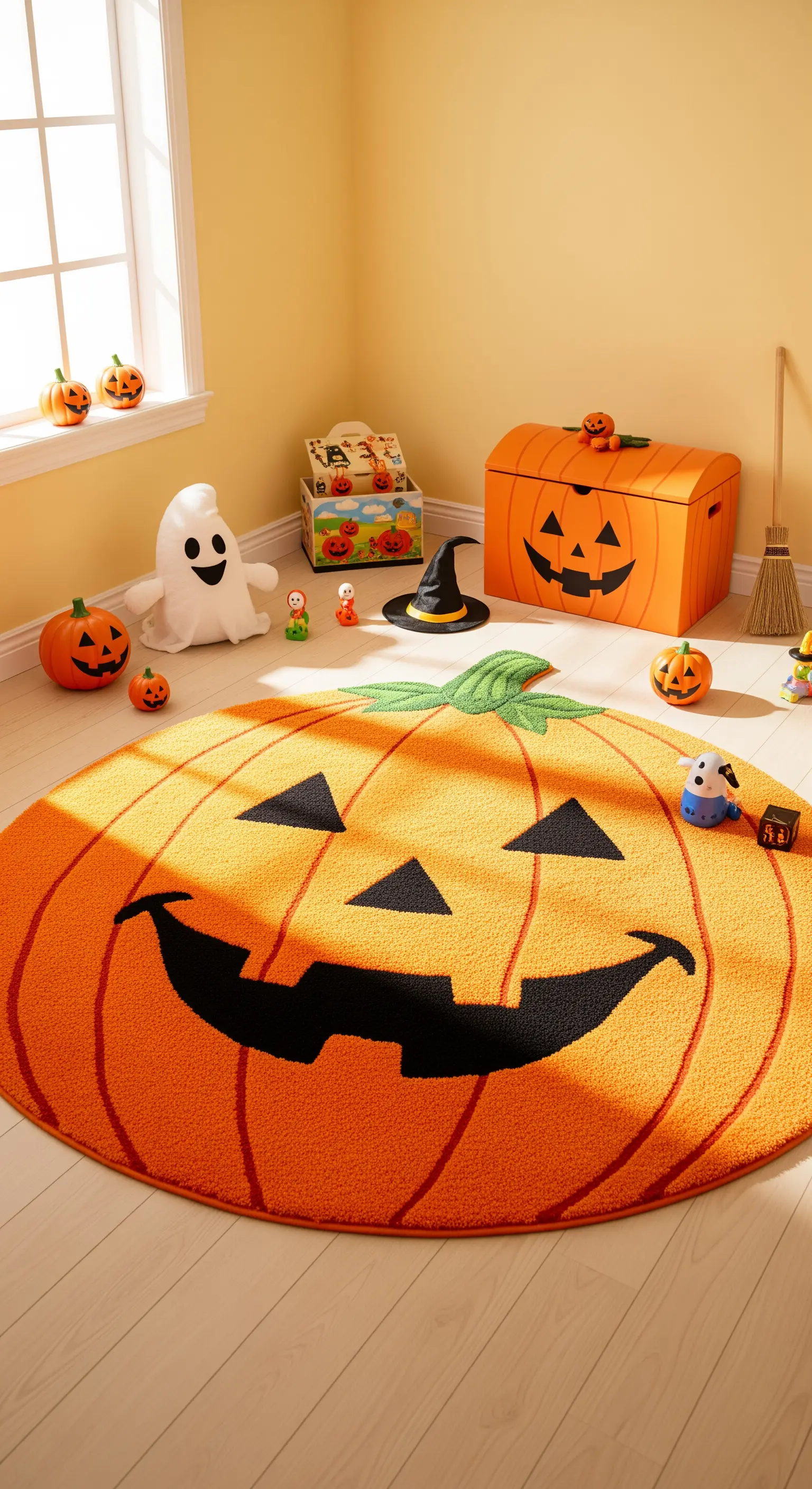 Ein großer, runder Teppich in Form eines lachenden Kürbisses in einem sonnigen Kinderzimmer.