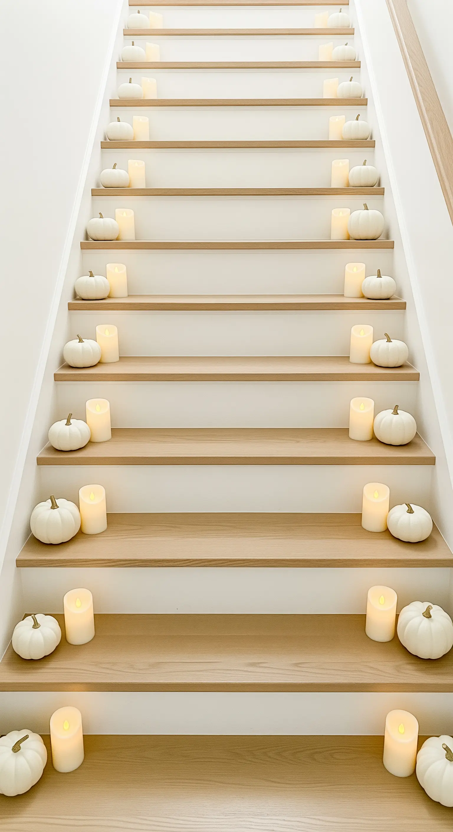 Treppe dekoriert mit weißen Kürbissen und LED-Kerzen