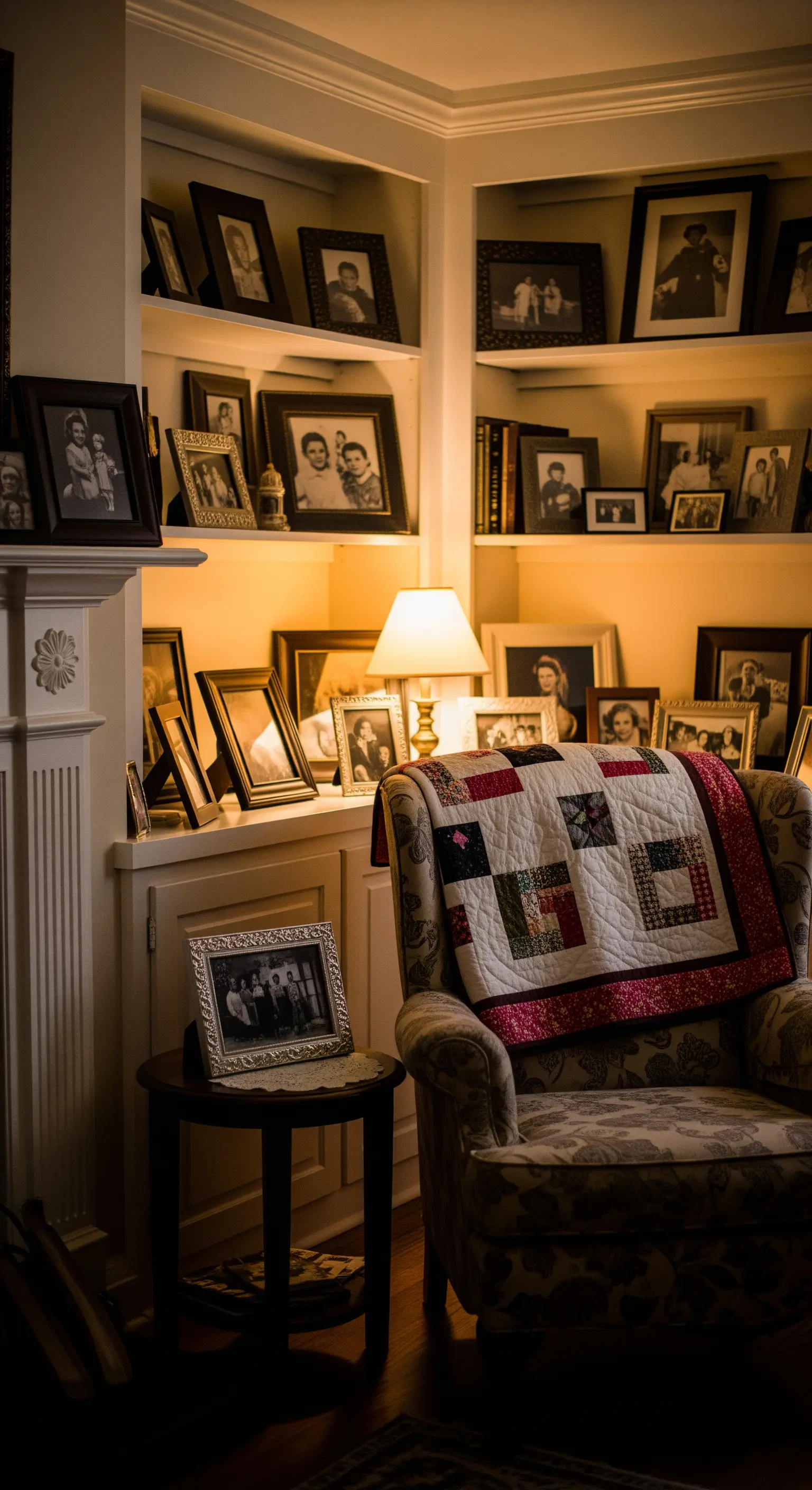 Eine gemütliche Leseecke neben Regalen, die mit beleuchteten Familienfotos in diversen Rahmen gefüllt sind.