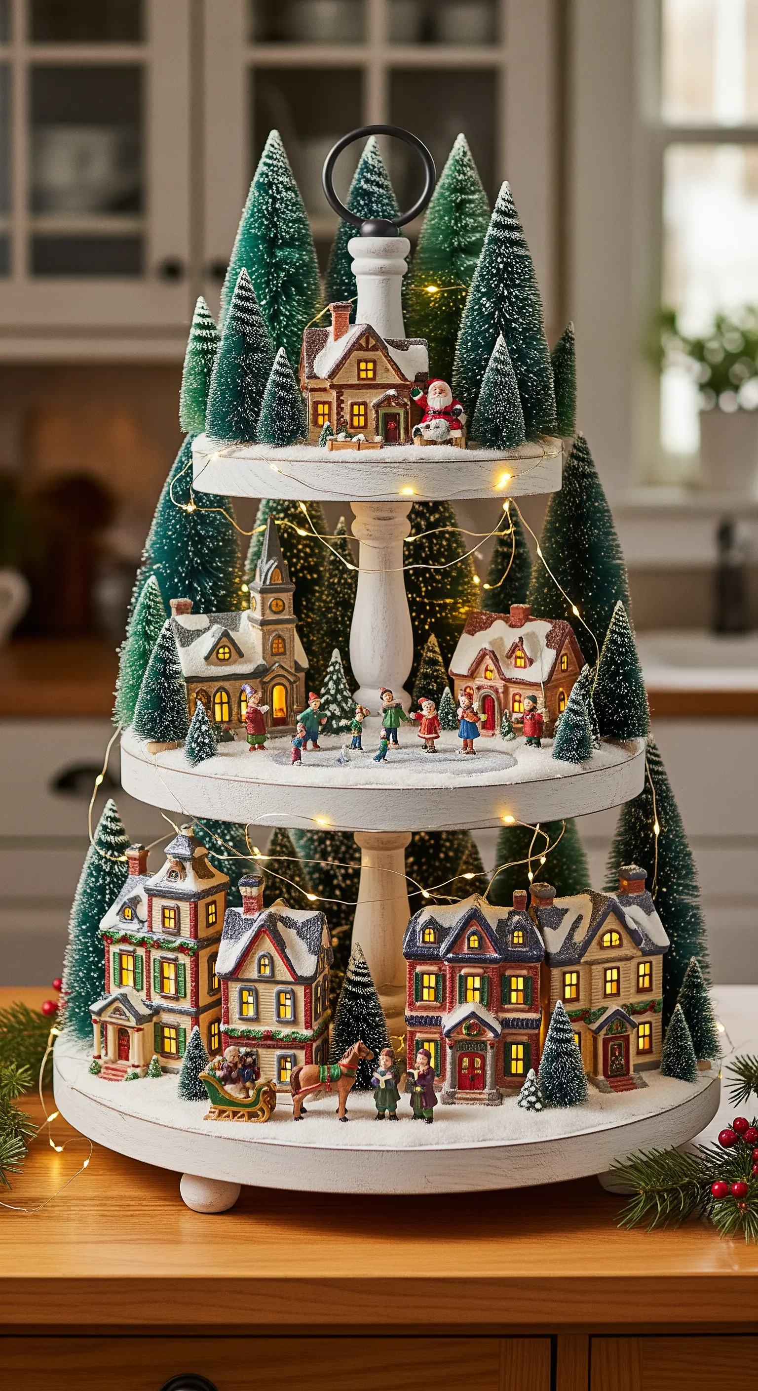 Weiße Etagere als Miniatur-Weihnachtsdorf mit beleuchteten Häusern und kleinen Tannenbäumen.