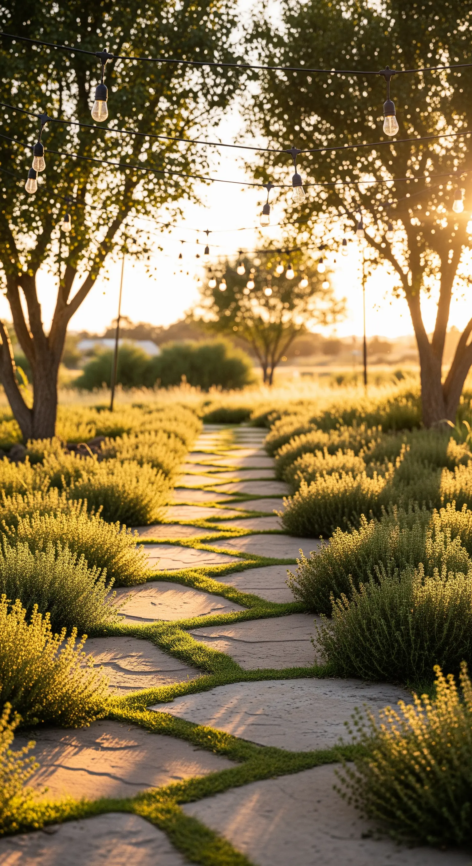 Lichterketten, die über einen rustikalen Steinweg zwischen Bäumen gespannt sind.