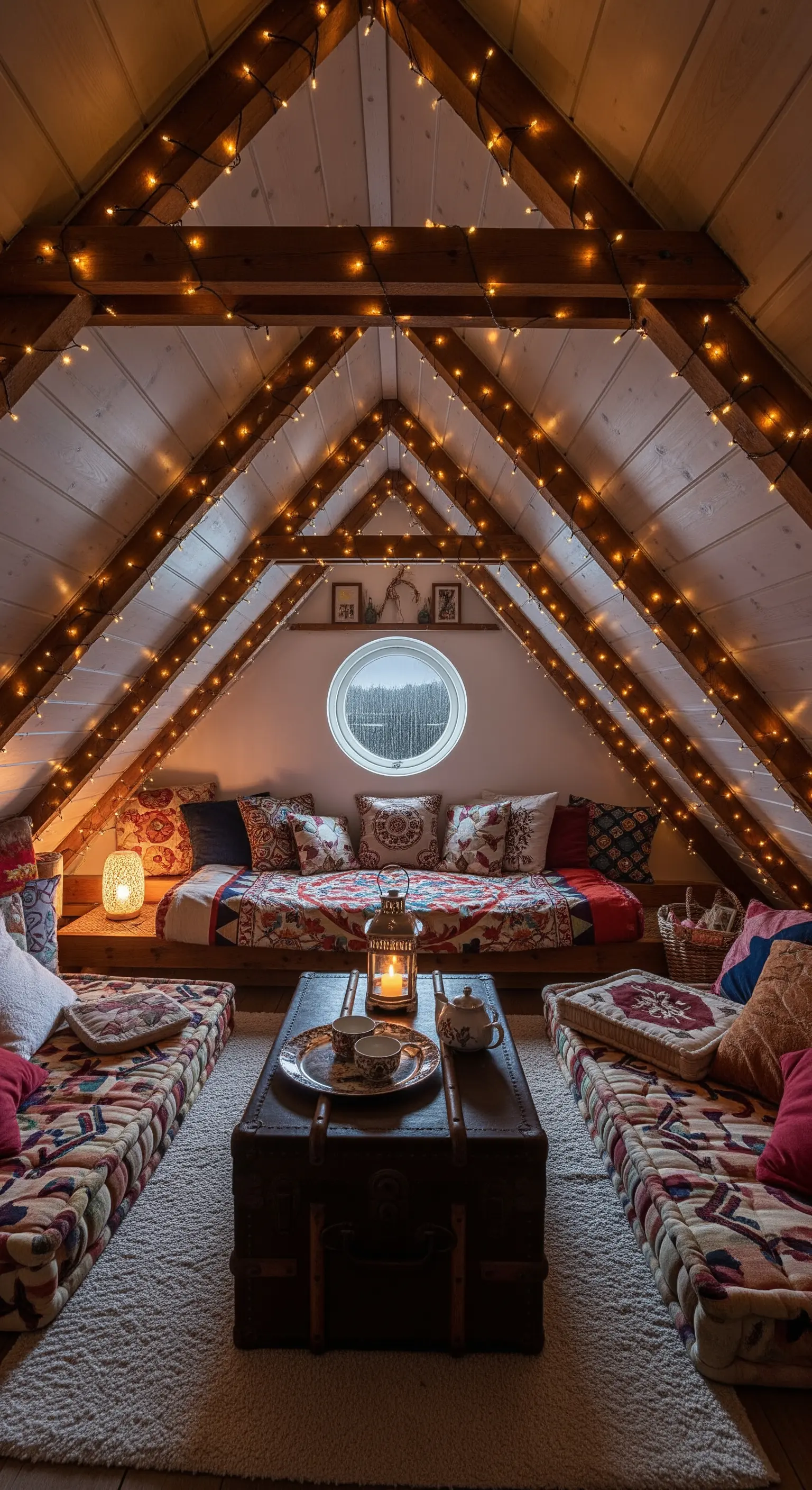 Gemütlicher Dachboden mit Lichterketten entlang der Holzbalken.