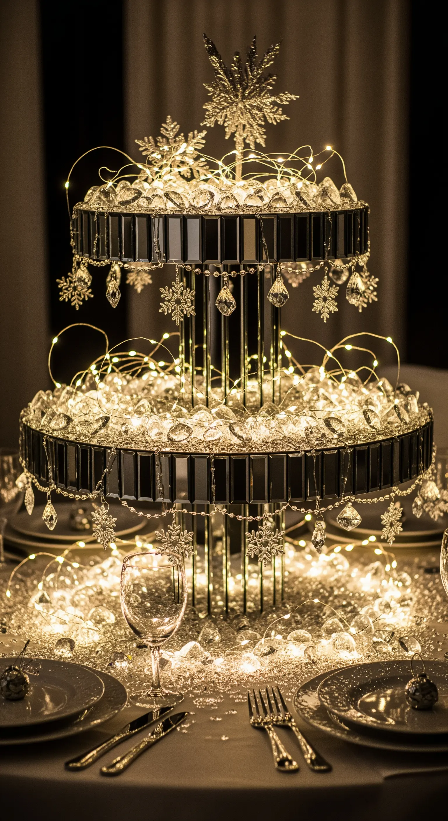 Verspiegelte Etagere, überladen mit Lichterketten und Kristall-Anhängern.