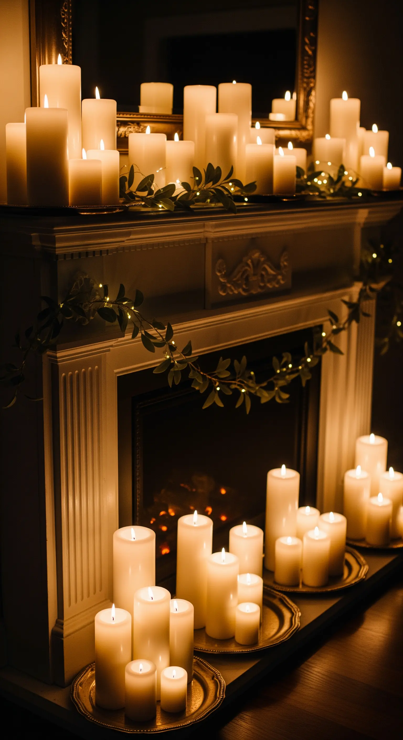 Eine große Ansammlung von brennenden LED-Stumpenkerzen auf und vor dem Kamin.