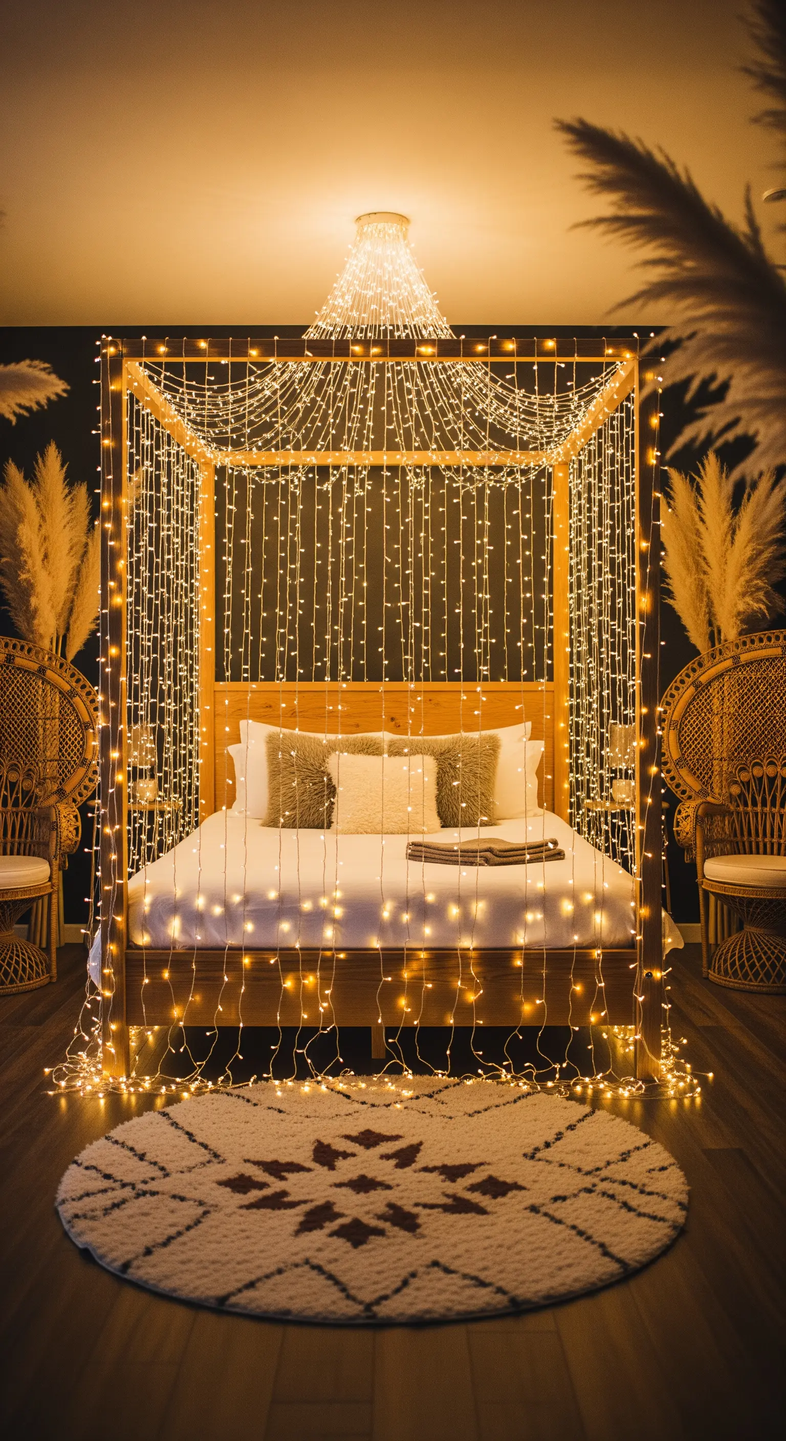 Romantisches Himmelbett, das vollständig mit warmweißen Lichterketten dekoriert ist.
