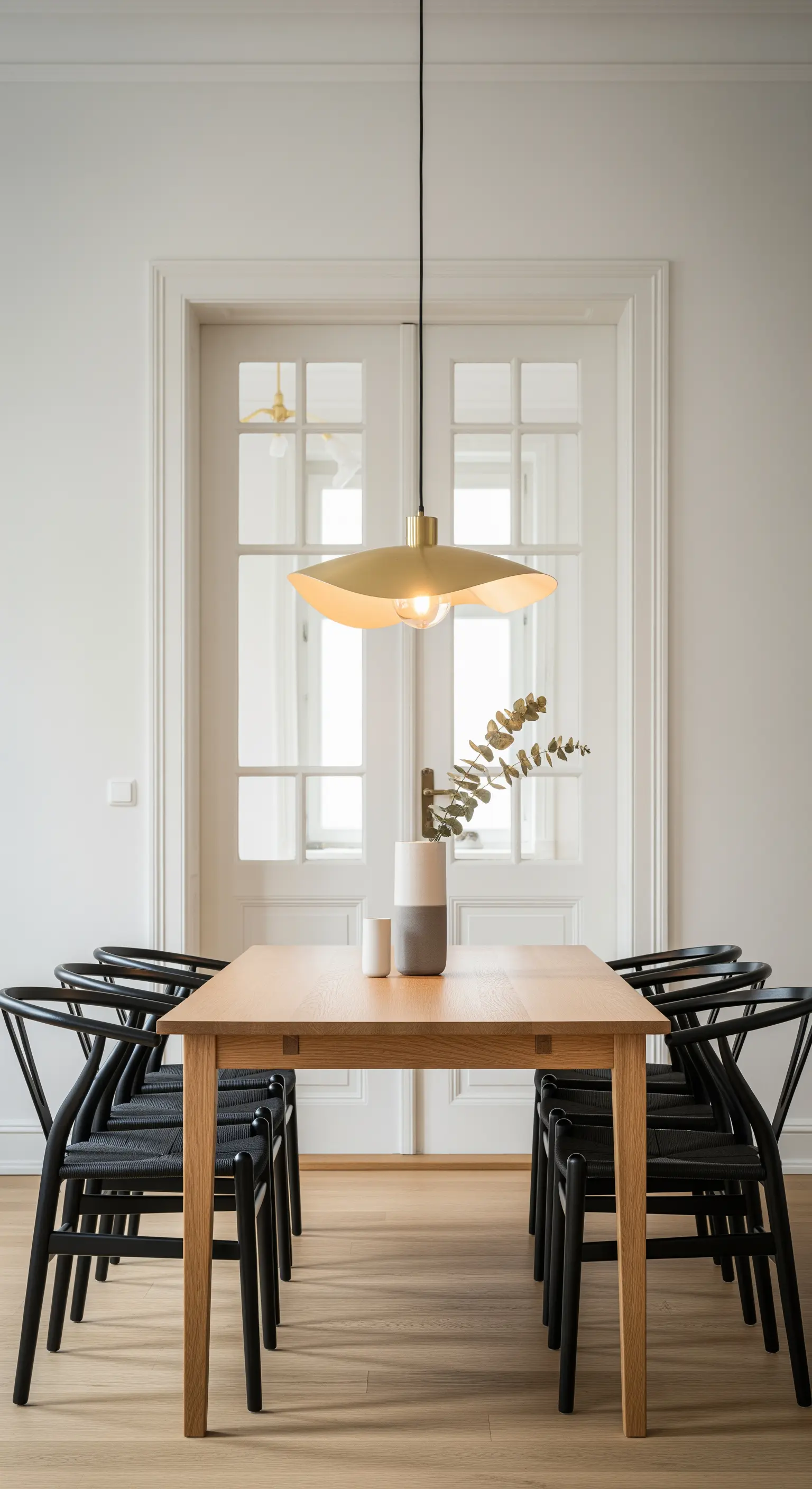 Moderner Essbereich mit Holztisch, schwarzen Stühlen und einer goldenen Hängelampe.