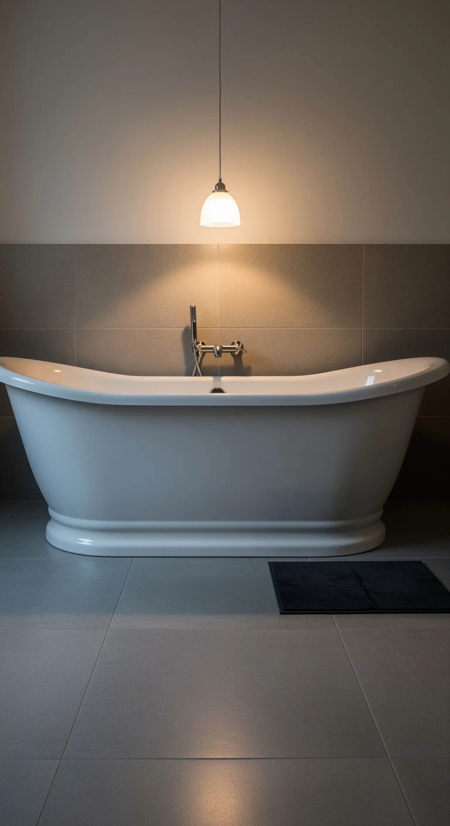Eine einzelne Pendelleuchte hängt über einer freistehenden Badewanne und erzeugt einen Lichtkegel.