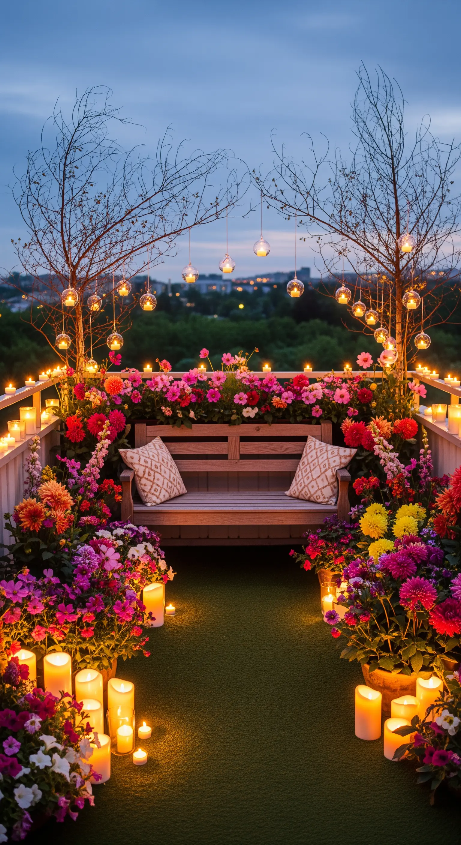 Blumenreicher Balkon mit einer Holzbank und hängenden Glaskugeln mit Kerzen