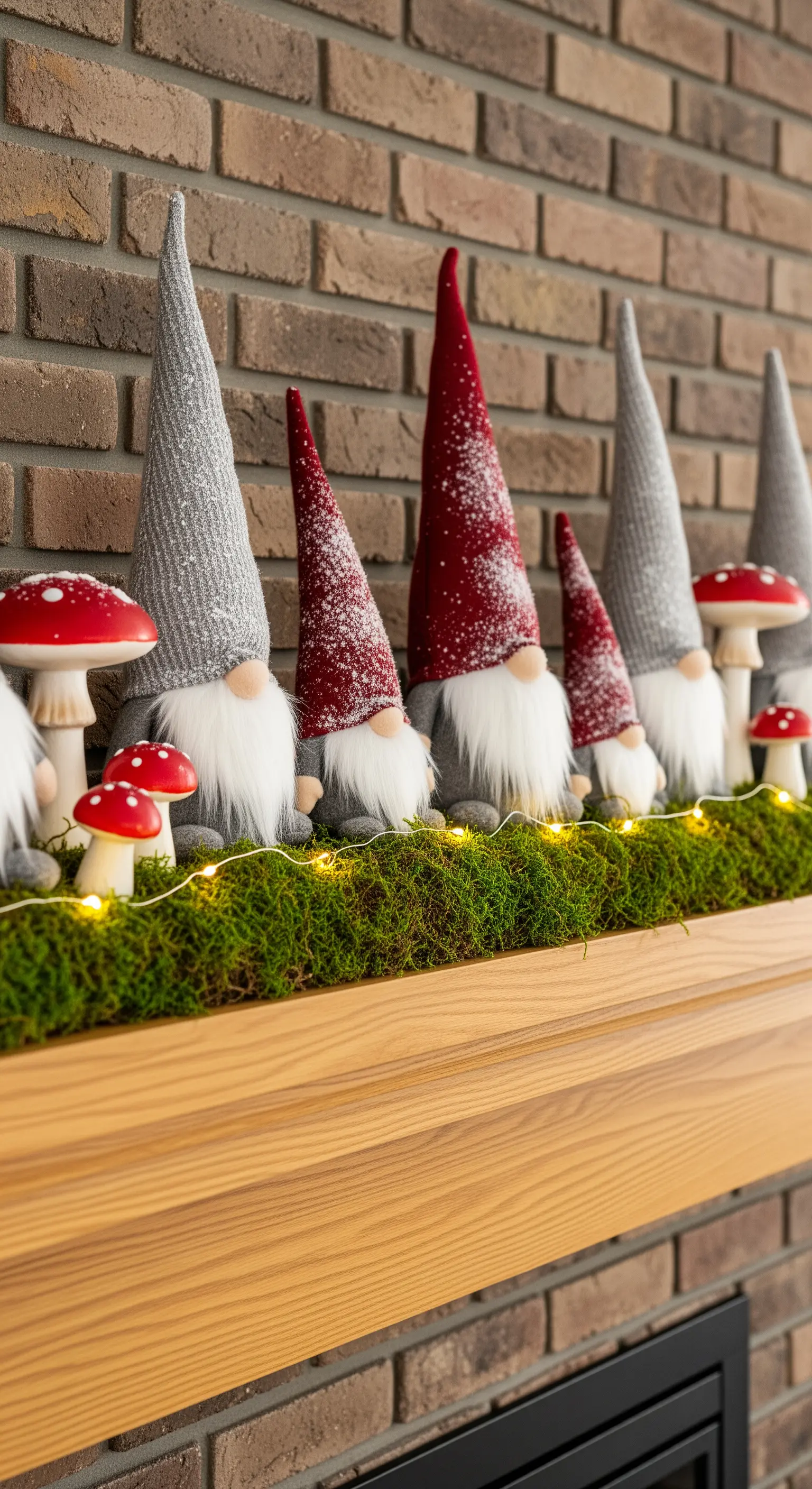 Eine Gruppe von Weihnachtswichteln auf einem Moosbett auf der Kaminumrandung.