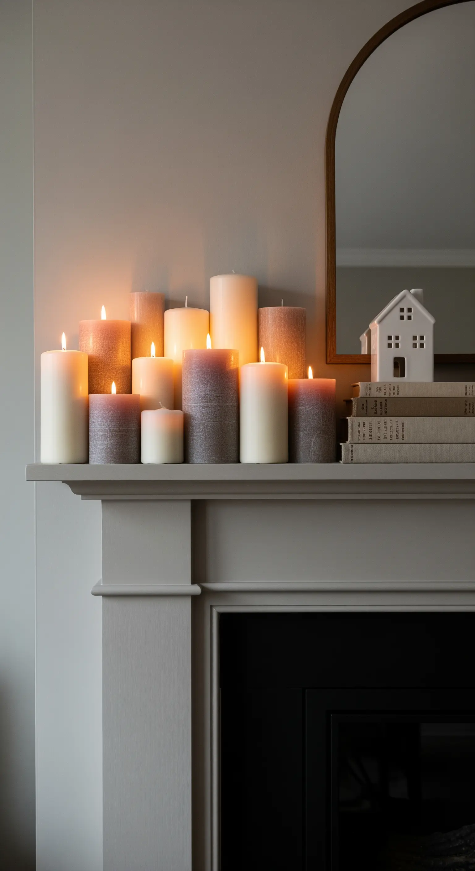 Gemütliche Winterdeko mit vielen Stumpenkerzen in Grau- und Beigetönen auf dem Kamin.