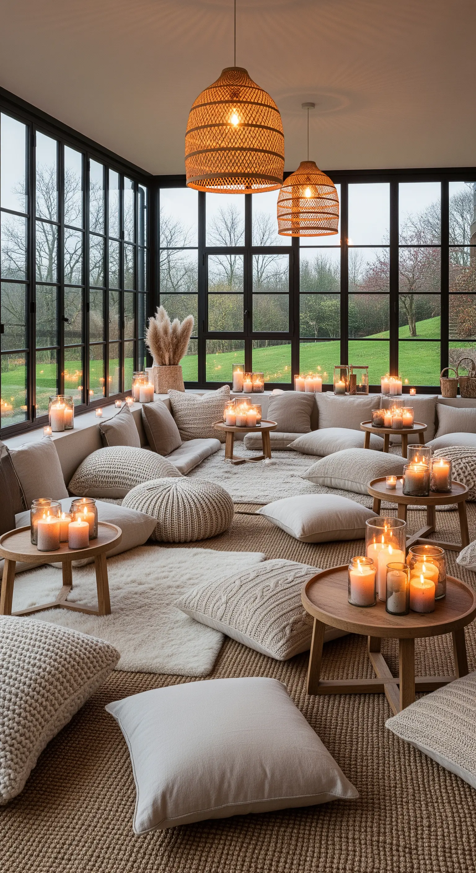 Gemütliche Bodenlounge im Wintergarten mit vielen Kissen und Kerzen.