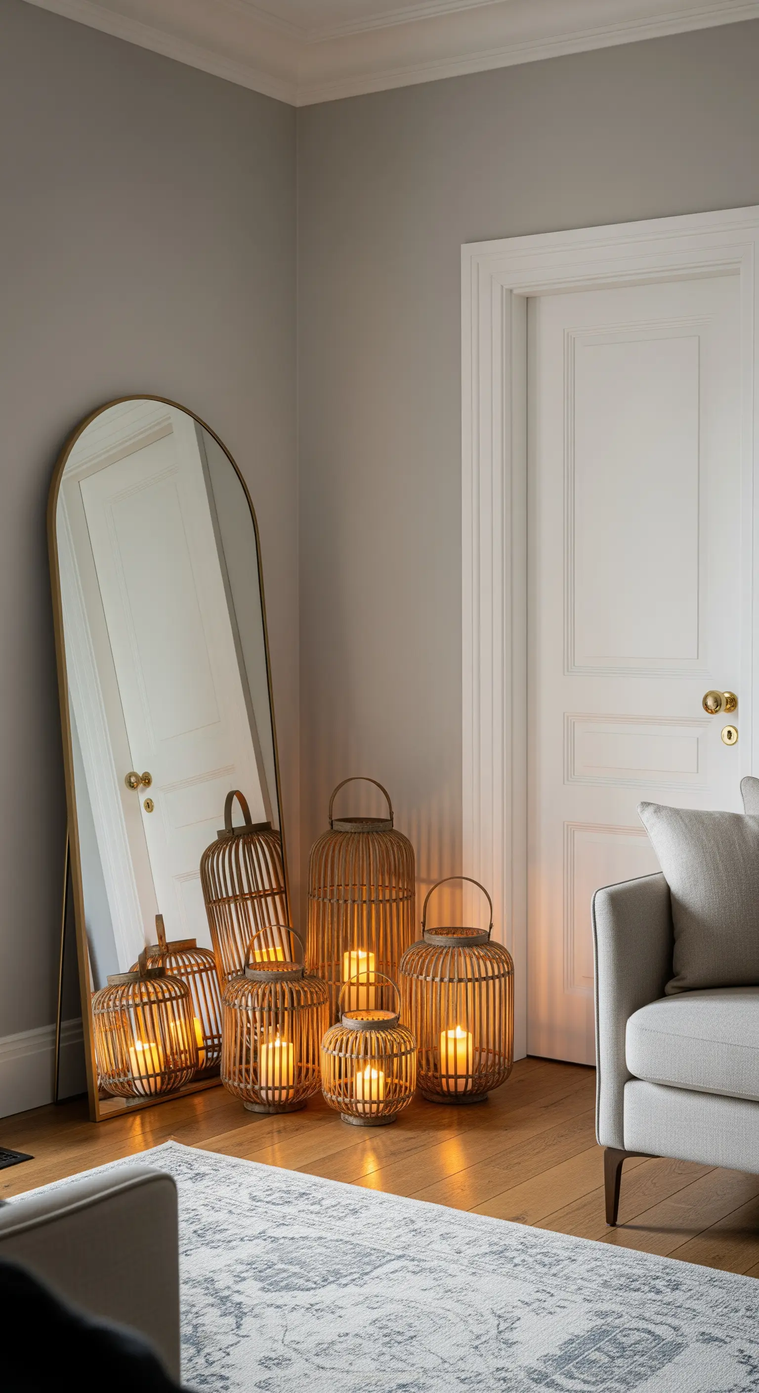 Eine Gruppe von Bambus-Laternen mit LED-Kerzen steht in einer Ecke neben einem großen goldenen Spiegel.