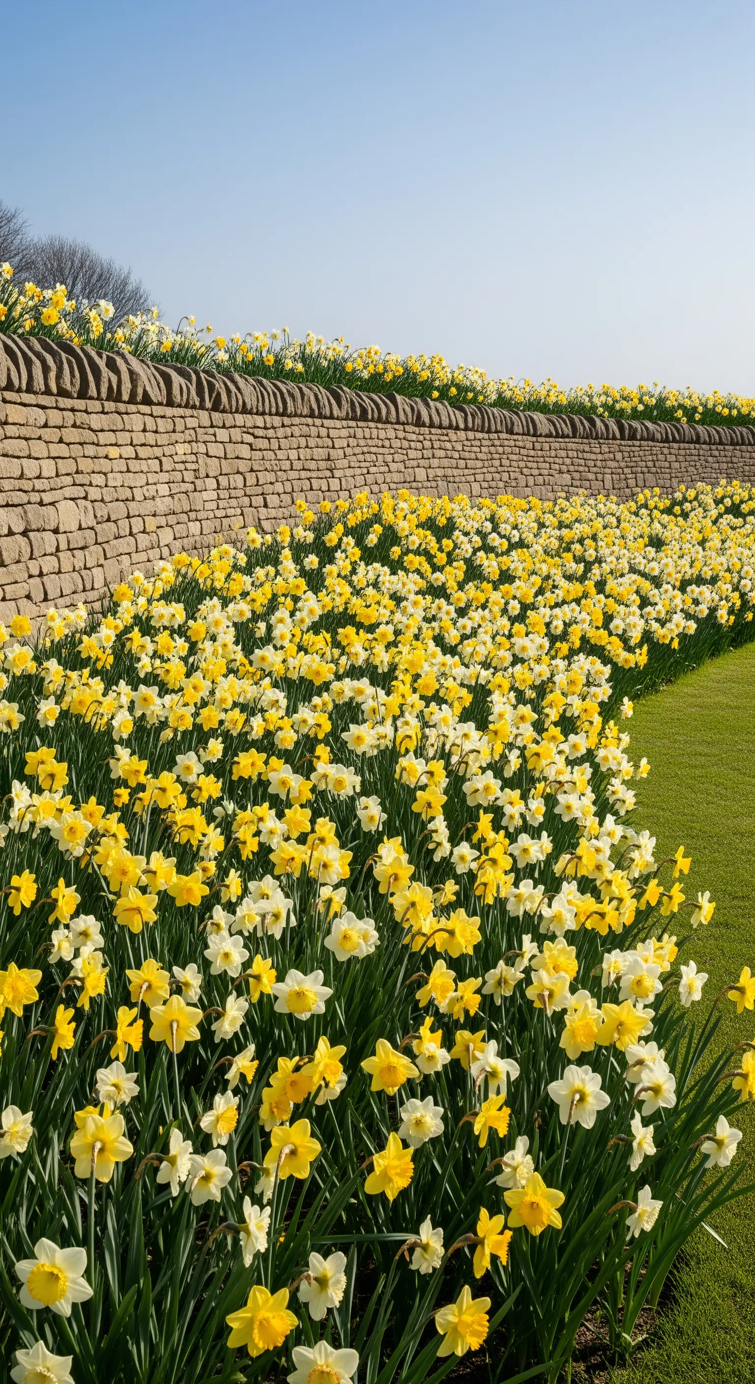 Großes Feld mit gelben und weißen Narzissen, das sich an einer Steinmauer entlangzieht.