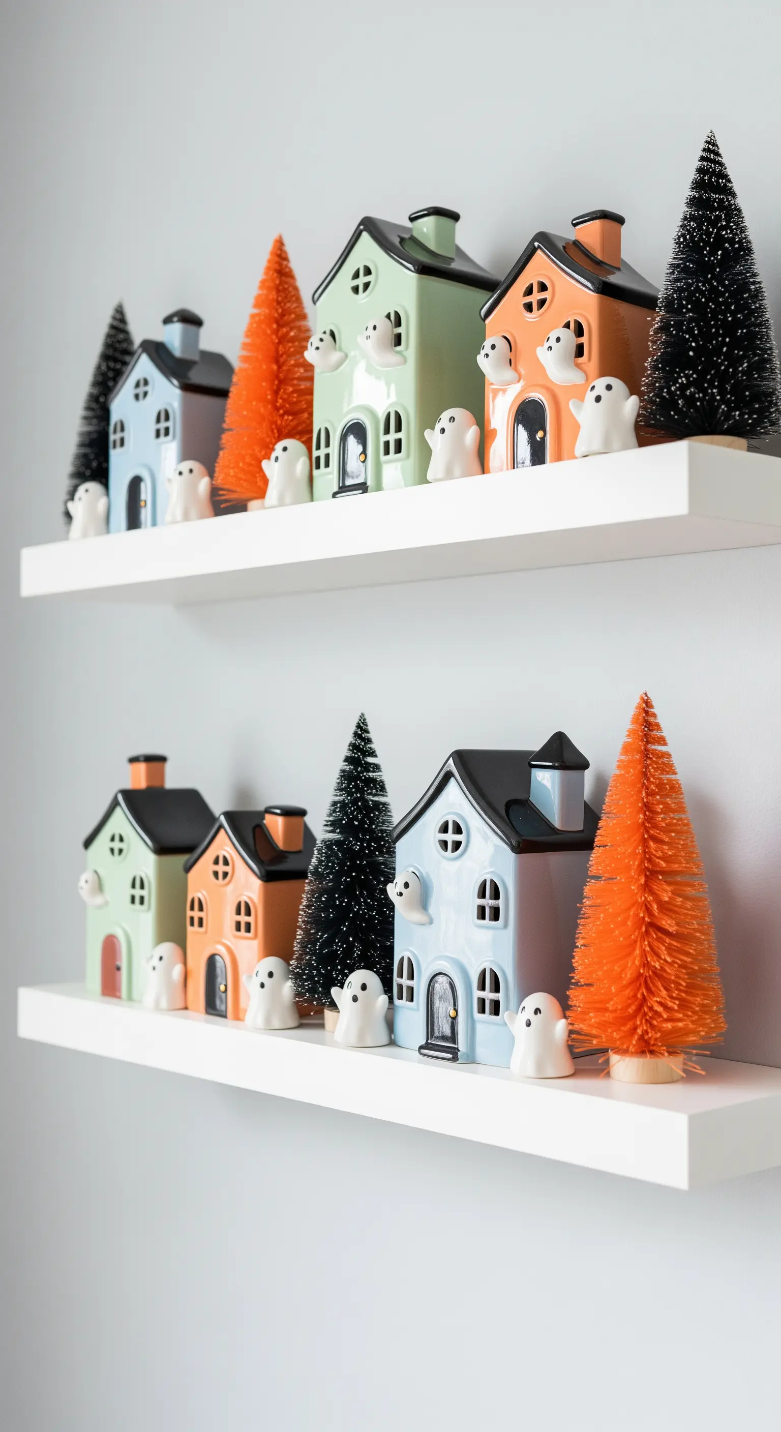 Zwei weiße Wandregale, auf denen eine Miniatur-Szene aus Keramikhäusern und kleinen Geisterfiguren steht.