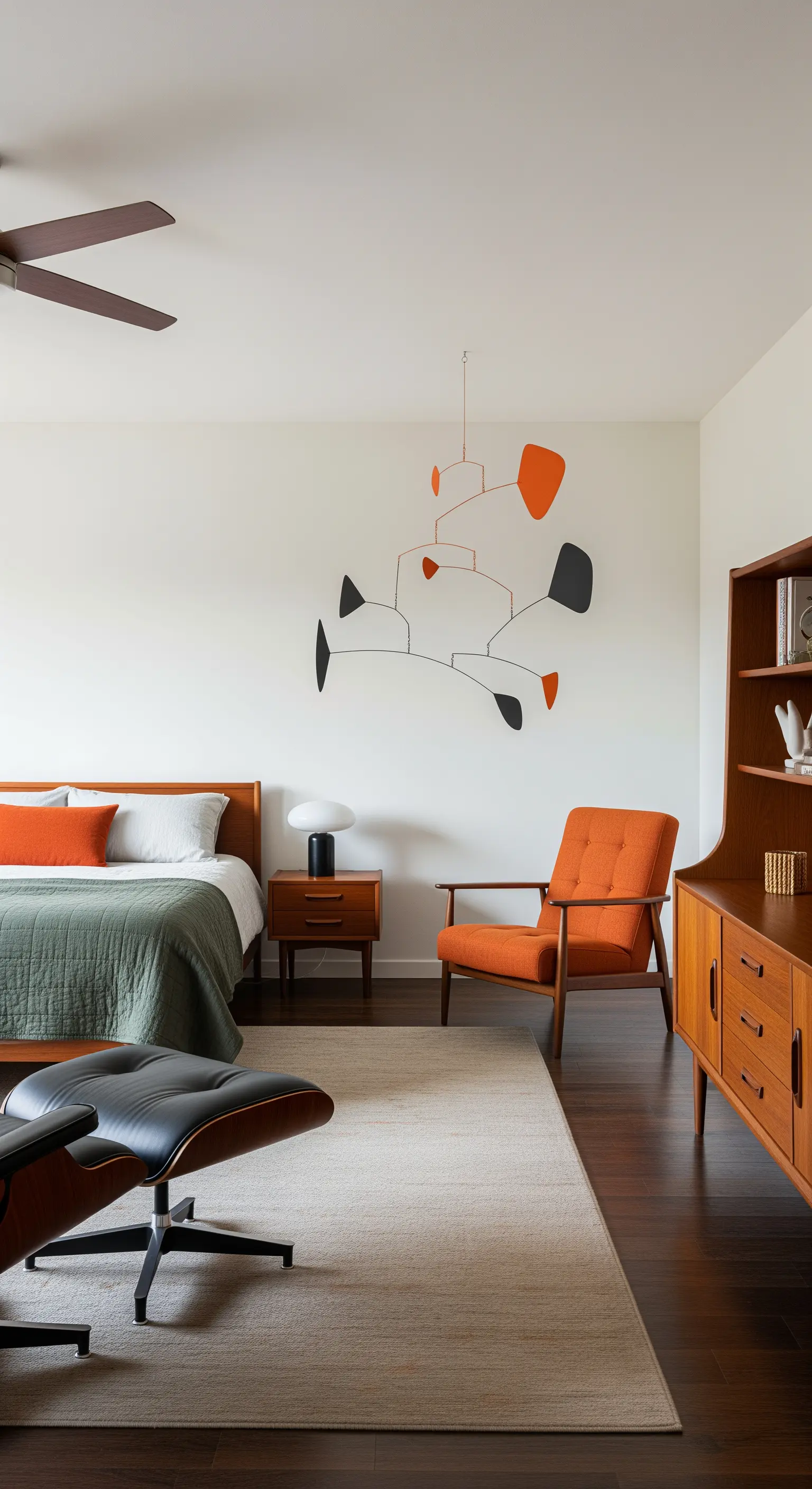 Filigranes Mobile als Wanddekoration in einem Mid-Century-Modern-Schlafzimmer.