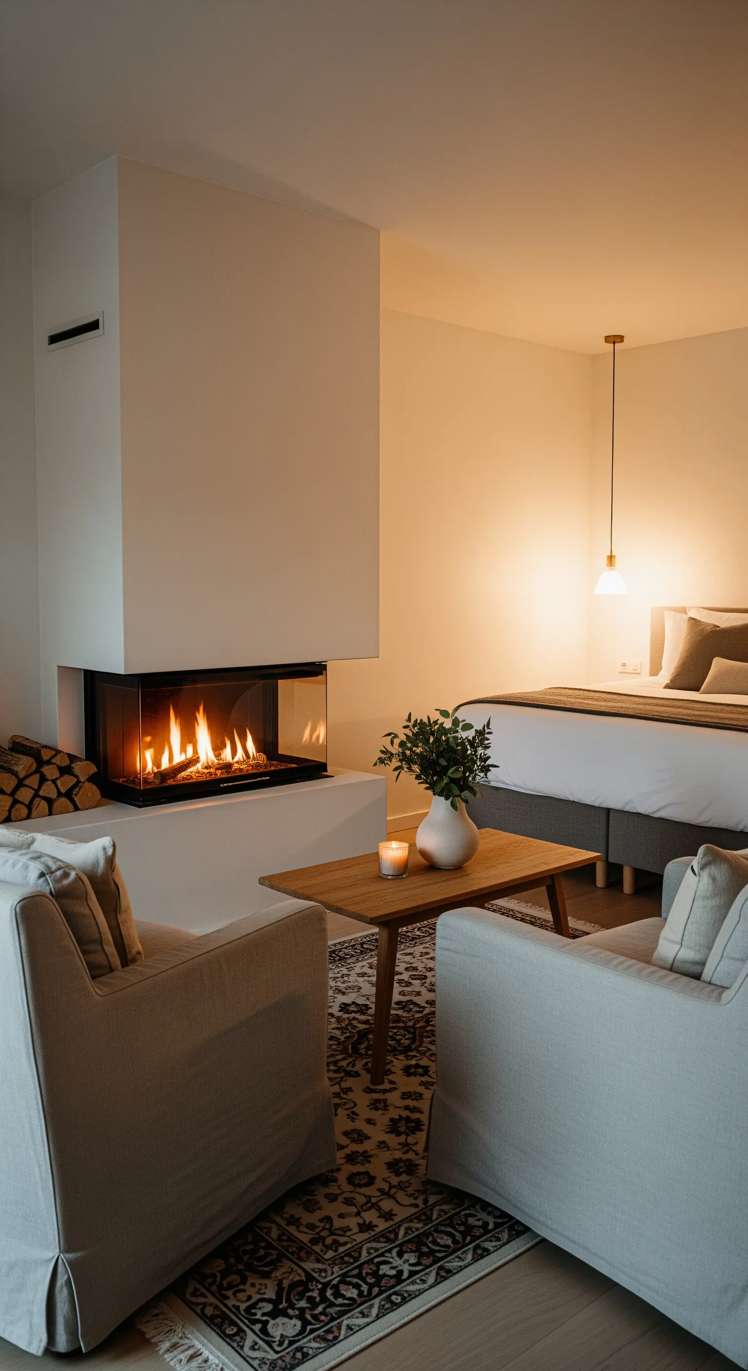 Modernes, minimalistisches Schlafzimmer mit einem zentralen Glaskamin und einer gemütlichen Sitzecke.