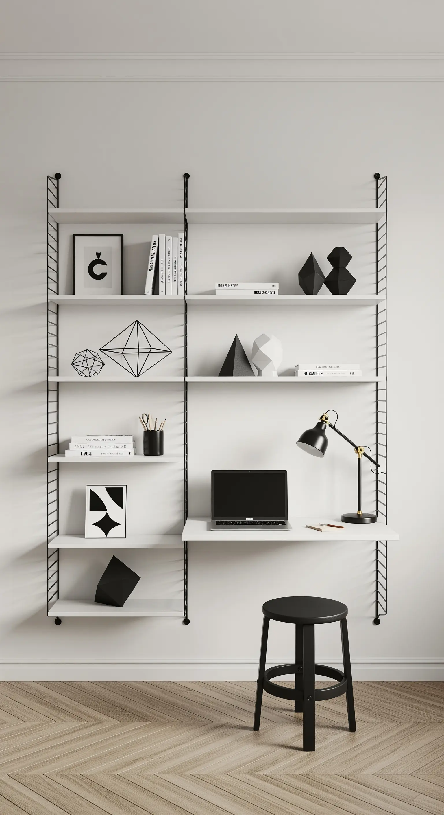 Weißes modulares Regalsystem mit schwarzen Leitern als Homeoffice-Lösung.