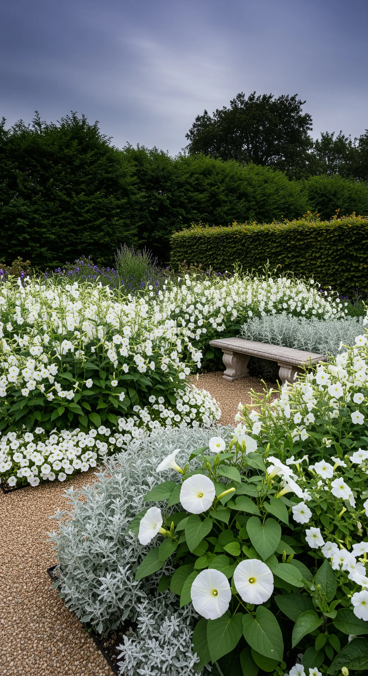 Eine Steinbank umgeben von einem Meer aus weißen Prunkwinden und silbergrauem Wollziest.