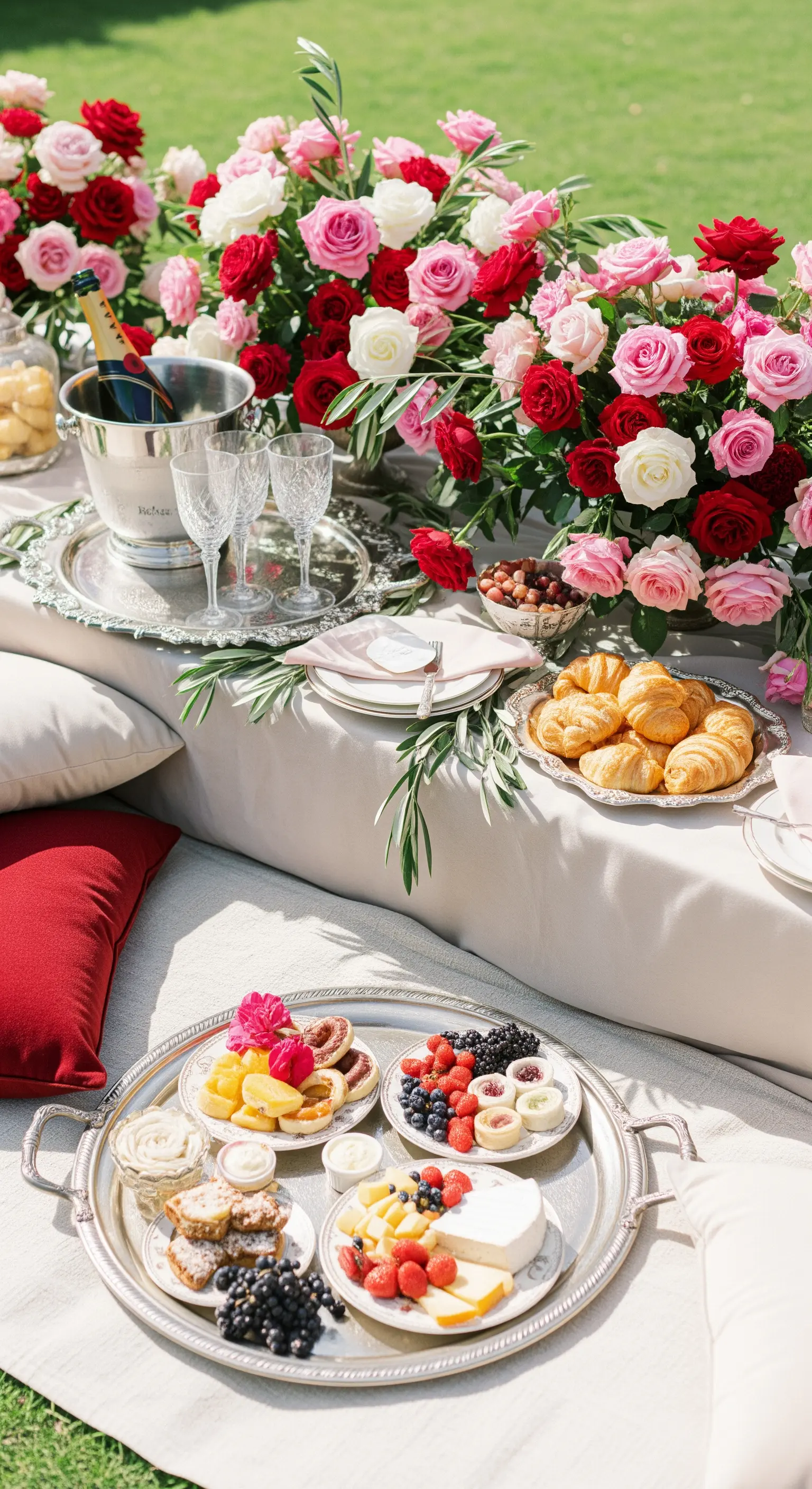 Luxuriöses Picknick-Setting mit üppigen Rosensträußen und Silbertabletts voller Speisen