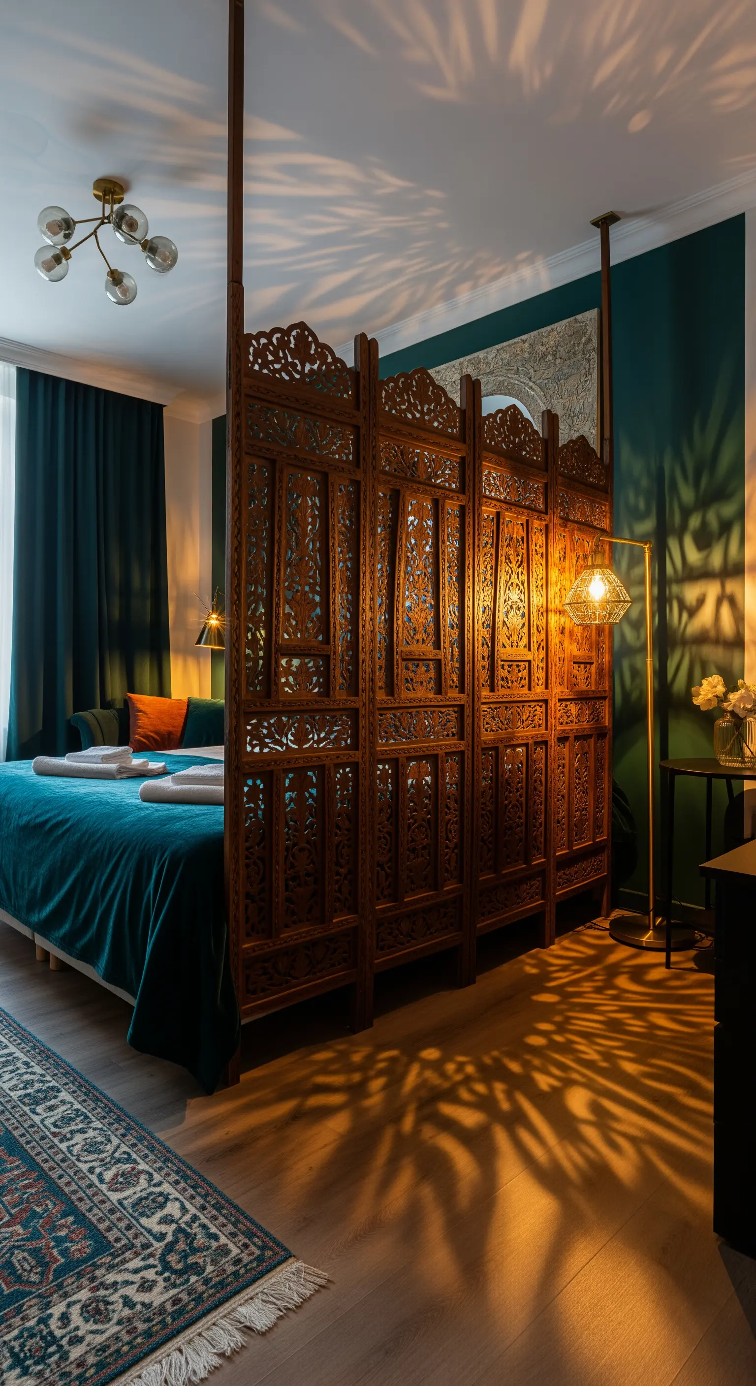 Ein kunstvoll geschnitzter Holzparavent trennt einen Bereich ab und wirft dramatische Schatten.