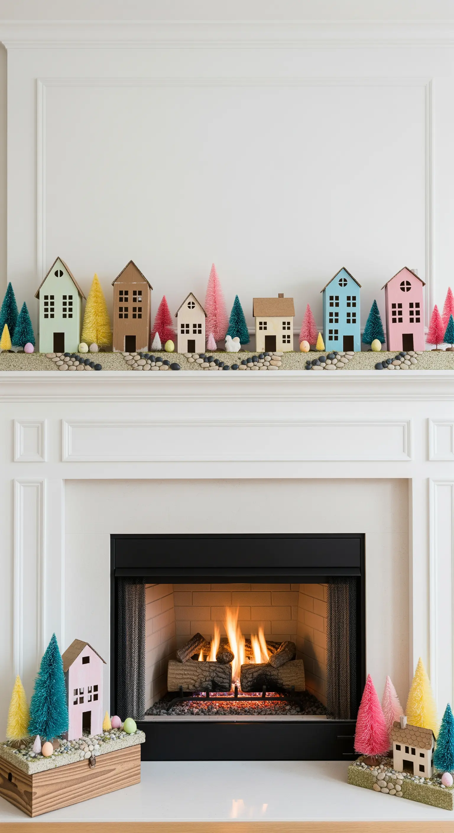 Miniatur-Dorf aus pastellfarbenen Häusern und Bäumchen auf dem Kaminsims.