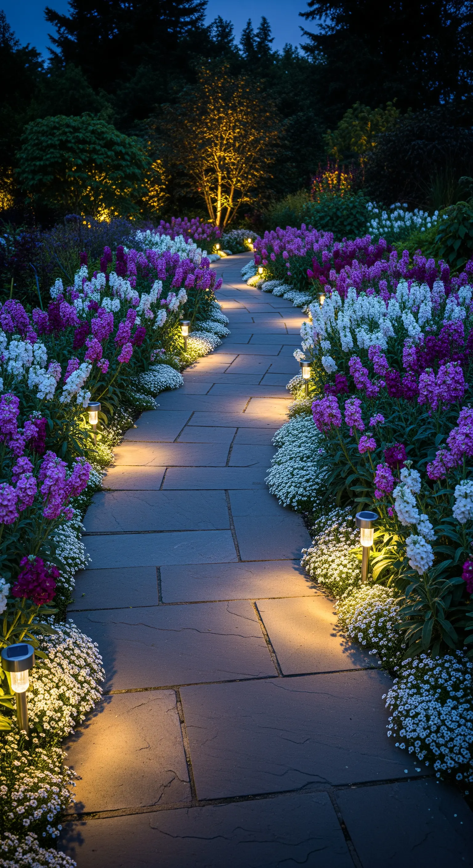 Ein Gartenweg, gesäumt von lila und weißen Duftblumen, die von Solarleuchten angestrahlt werden.